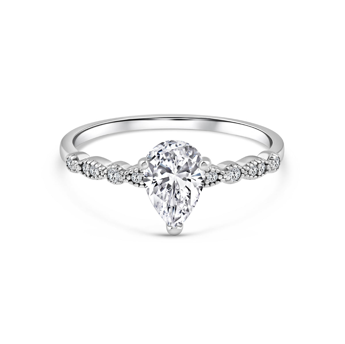 silver 1.5 carat pear cut vintage inspired engagement ring on a white background