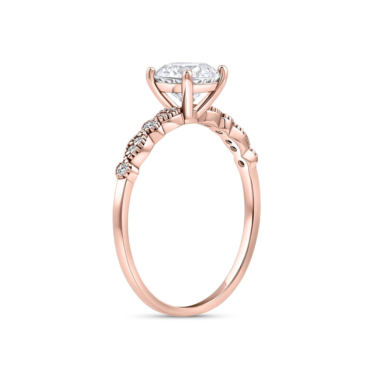rose gold 1.5 carat round cut vintage inspired engagement ring on a white background