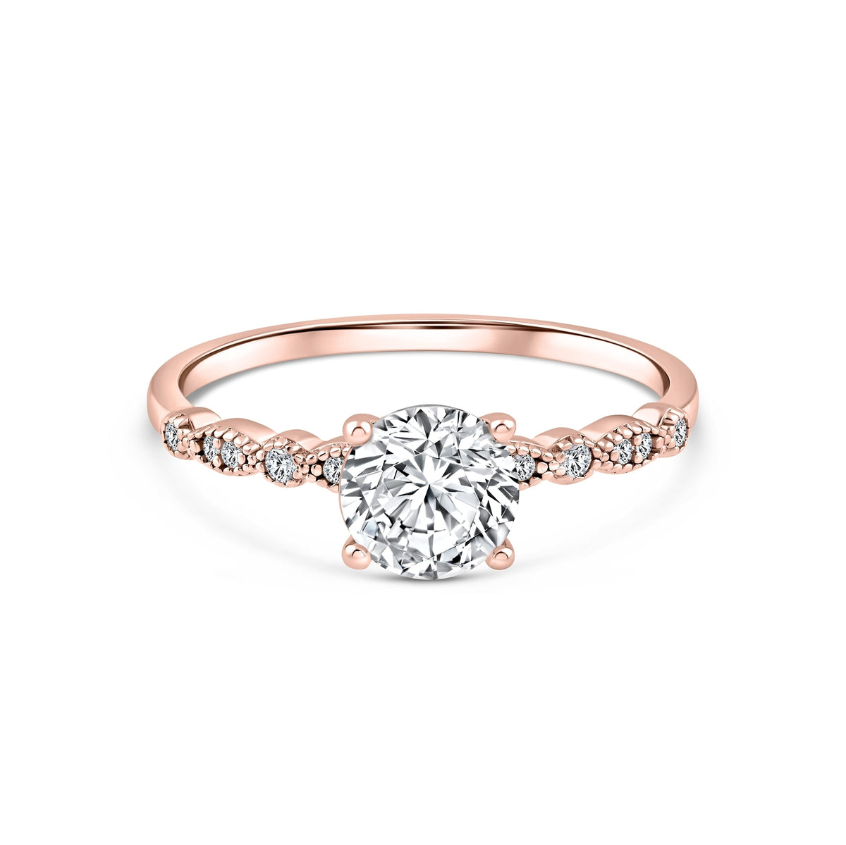 rose gold 1.5 carat round cut vintage inspired engagement ring on a white background
