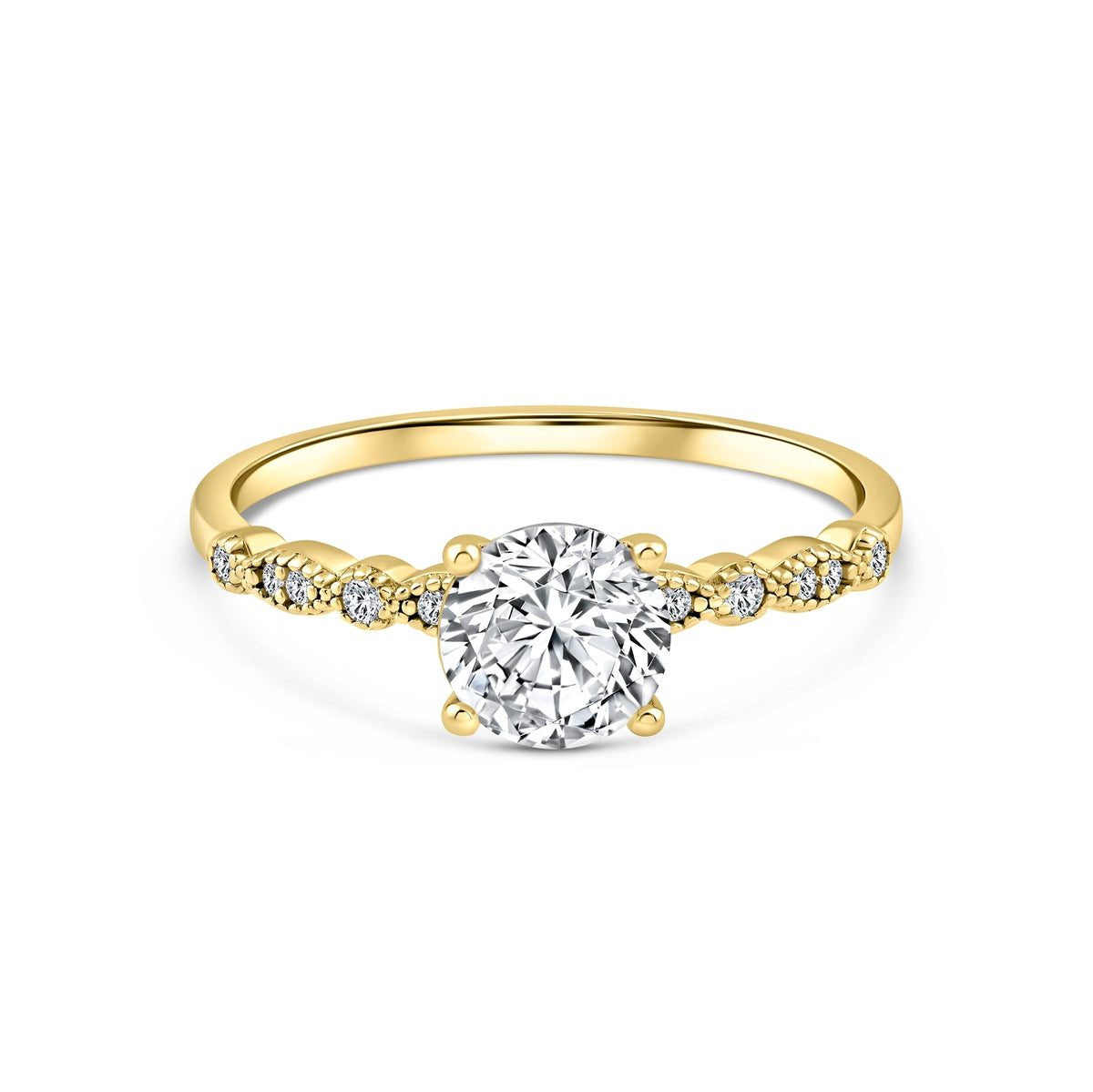 gold 1.5 carat round cut vintage inspired engagement ring on a white background