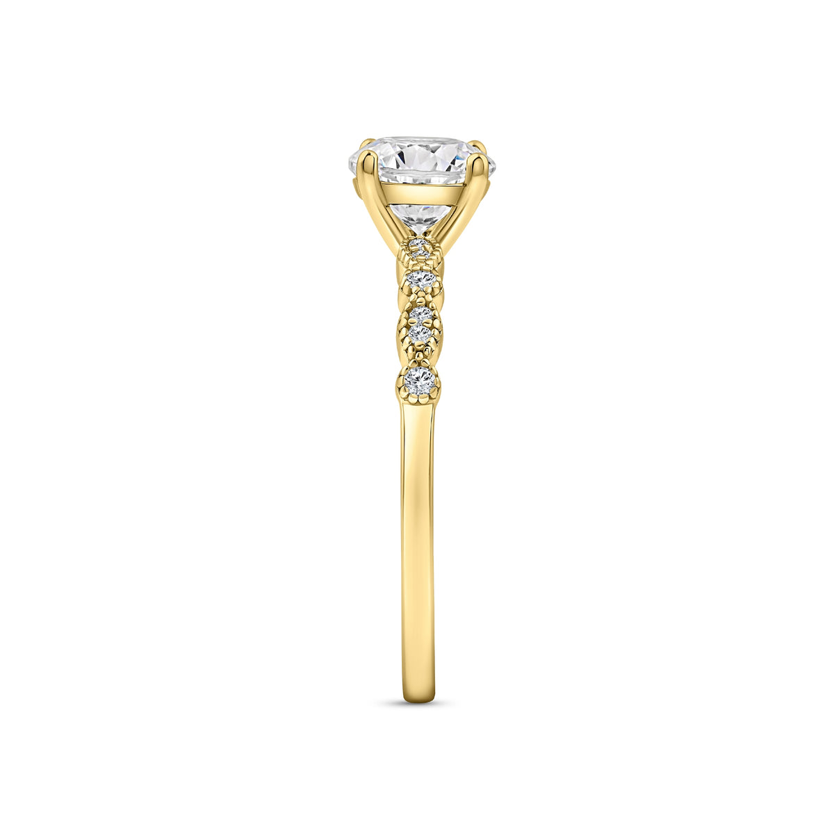 gold 1.5 carat round cut vintage inspired engagement ring on a white background
