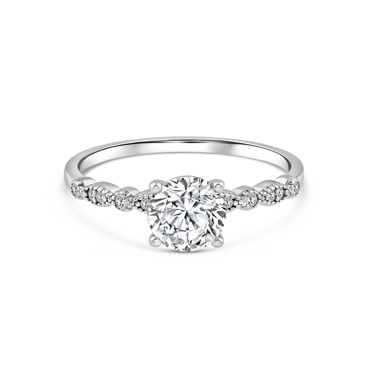 silver 1.5 carat round cut vintage inspired engagement ring on a white background