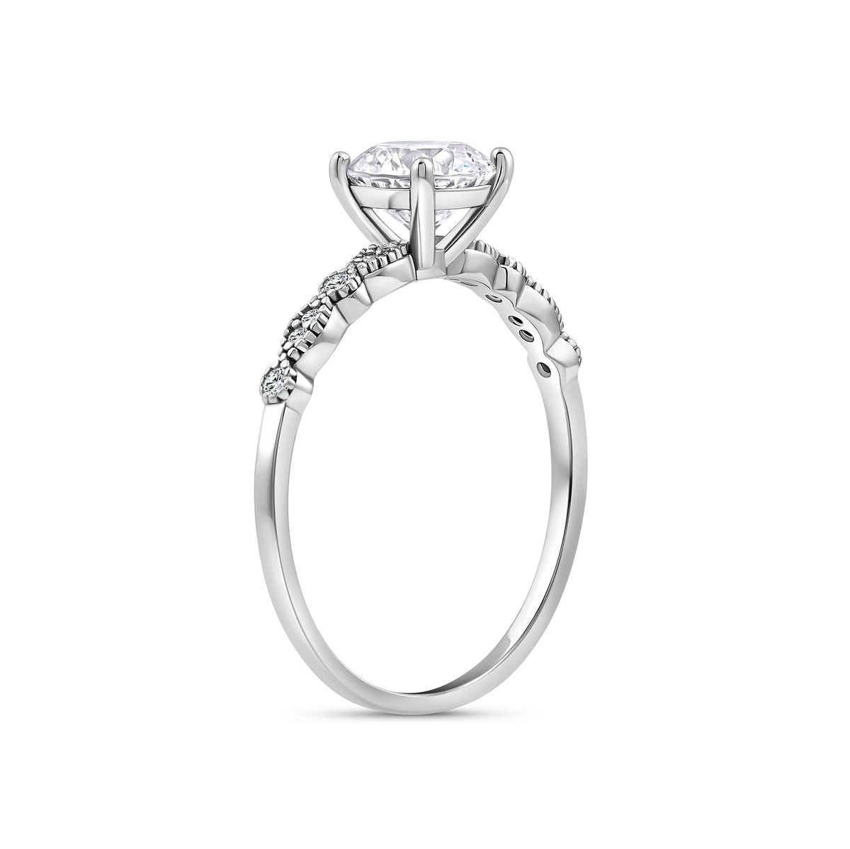 silver 1.5 carat round cut vintage inspired engagement ring on a white background