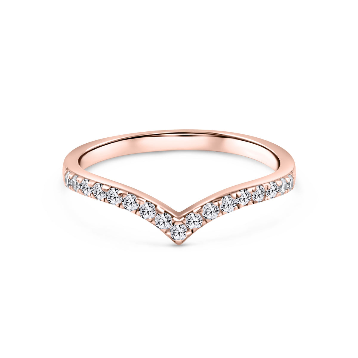 925 sterling silver chevron half eternity wedding band plated with 18k rose gold on a white background