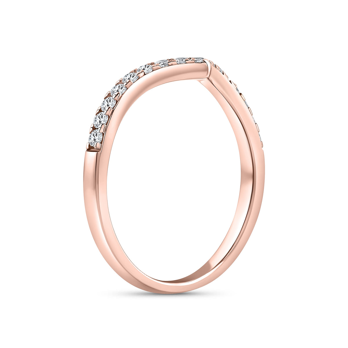 925 sterling silver chevron half eternity wedding band plated with 18k rose gold on a white background