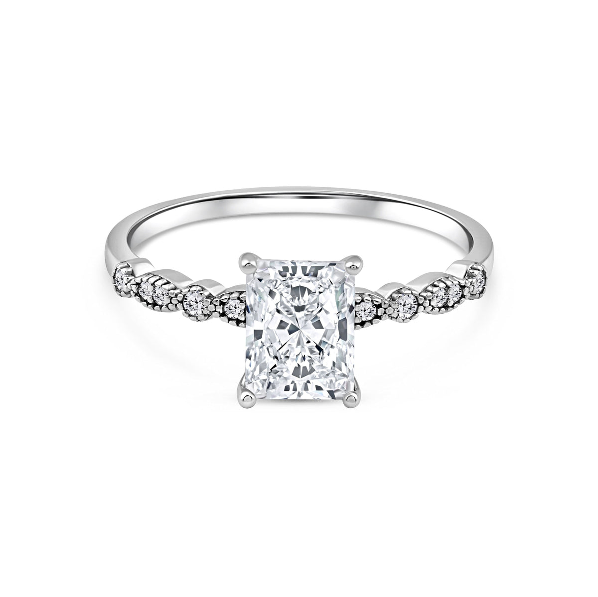 silver 1.5 carat radiant cut vintage-inspired engagement ring on a white background