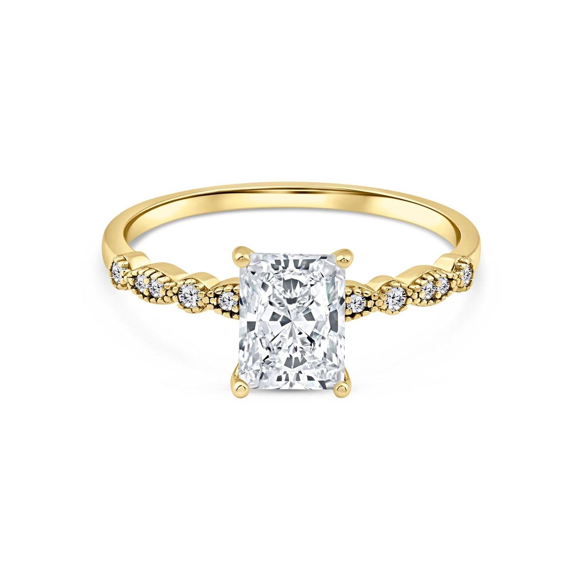 gold 1.5 carat radiant cut vintage-inspired engagement ring on a white background
