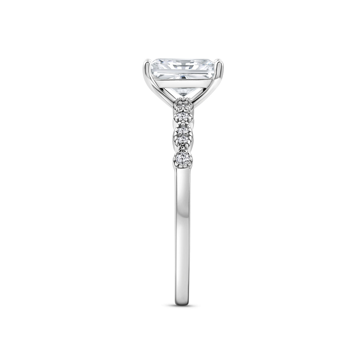 silver 1.5 carat radiant cut vintage-inspired engagement ring on a white background