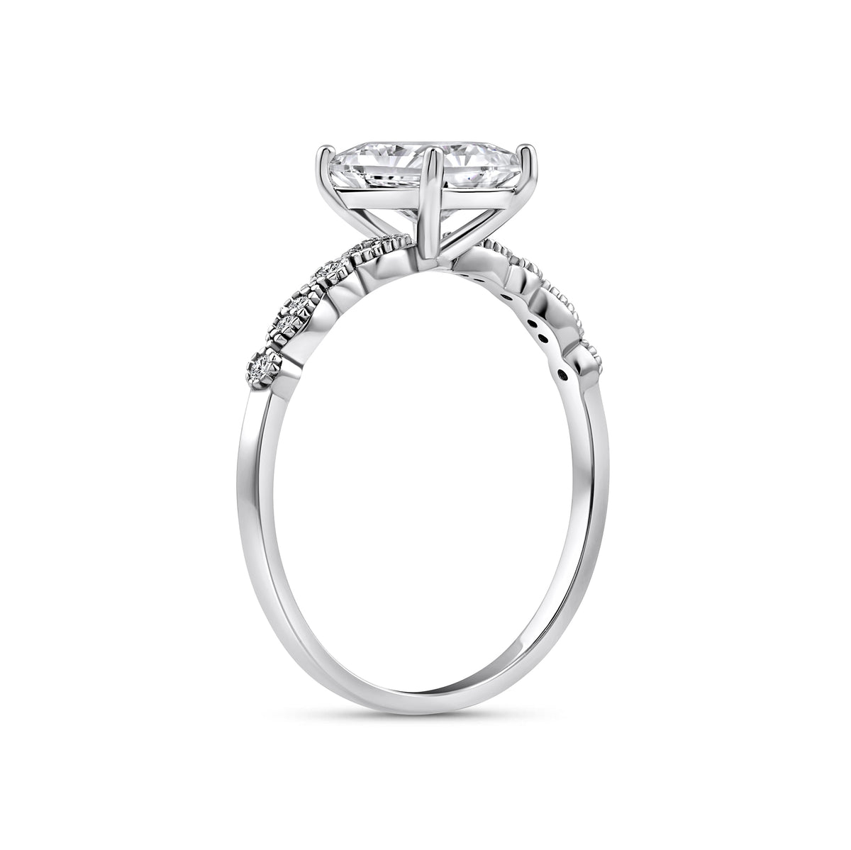 silver 1.5 carat radiant cut vintage-inspired engagement ring on a white background