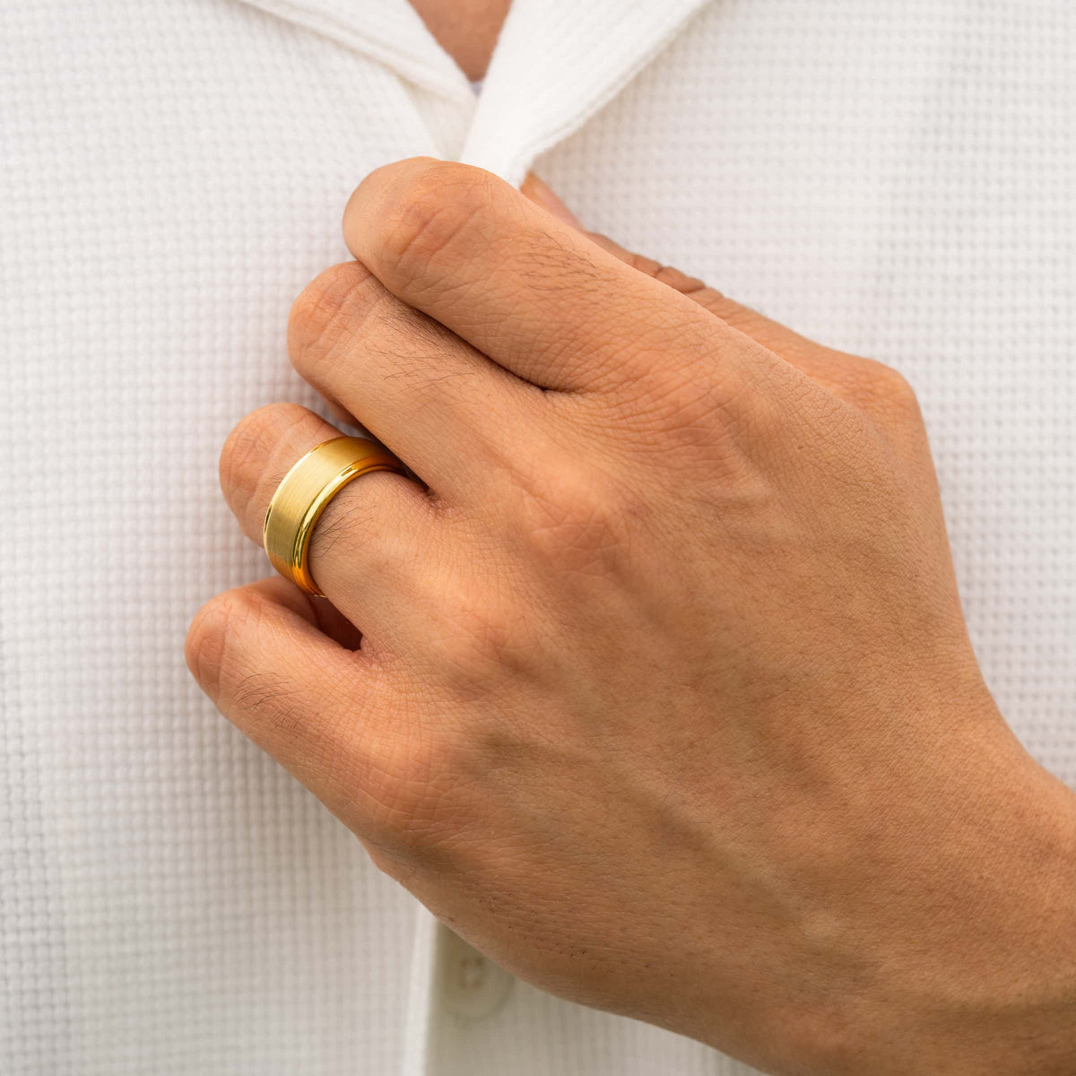 gold 8mm tungsten carbide band on model