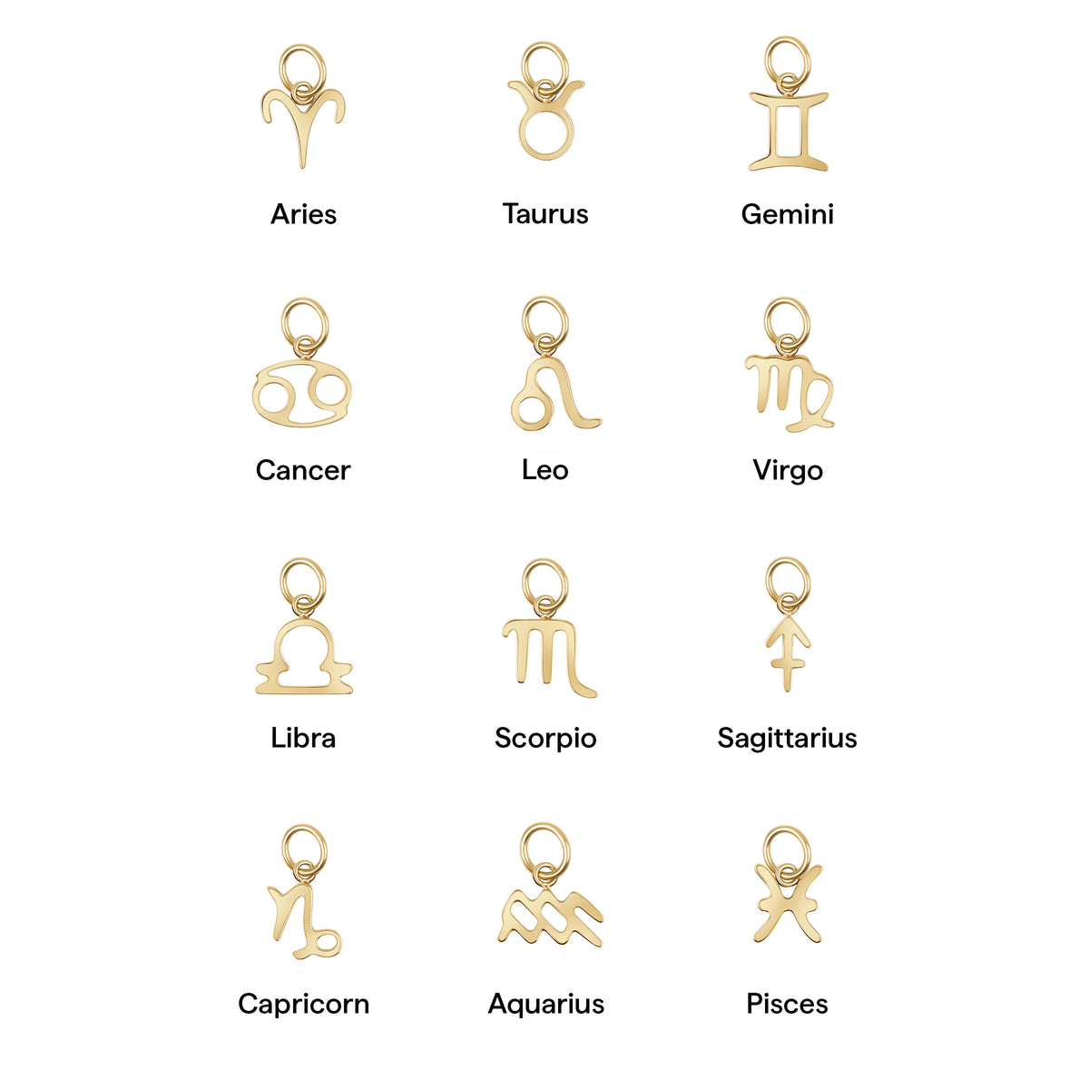 Gold zodiac charm chart featuring all 12 astrological signs: Aries, Taurus, Gemini, Cancer, Leo, Virgo, Libra, Scorpio, Sagittarius, Capricorn, Aquarius, and Pisces.
