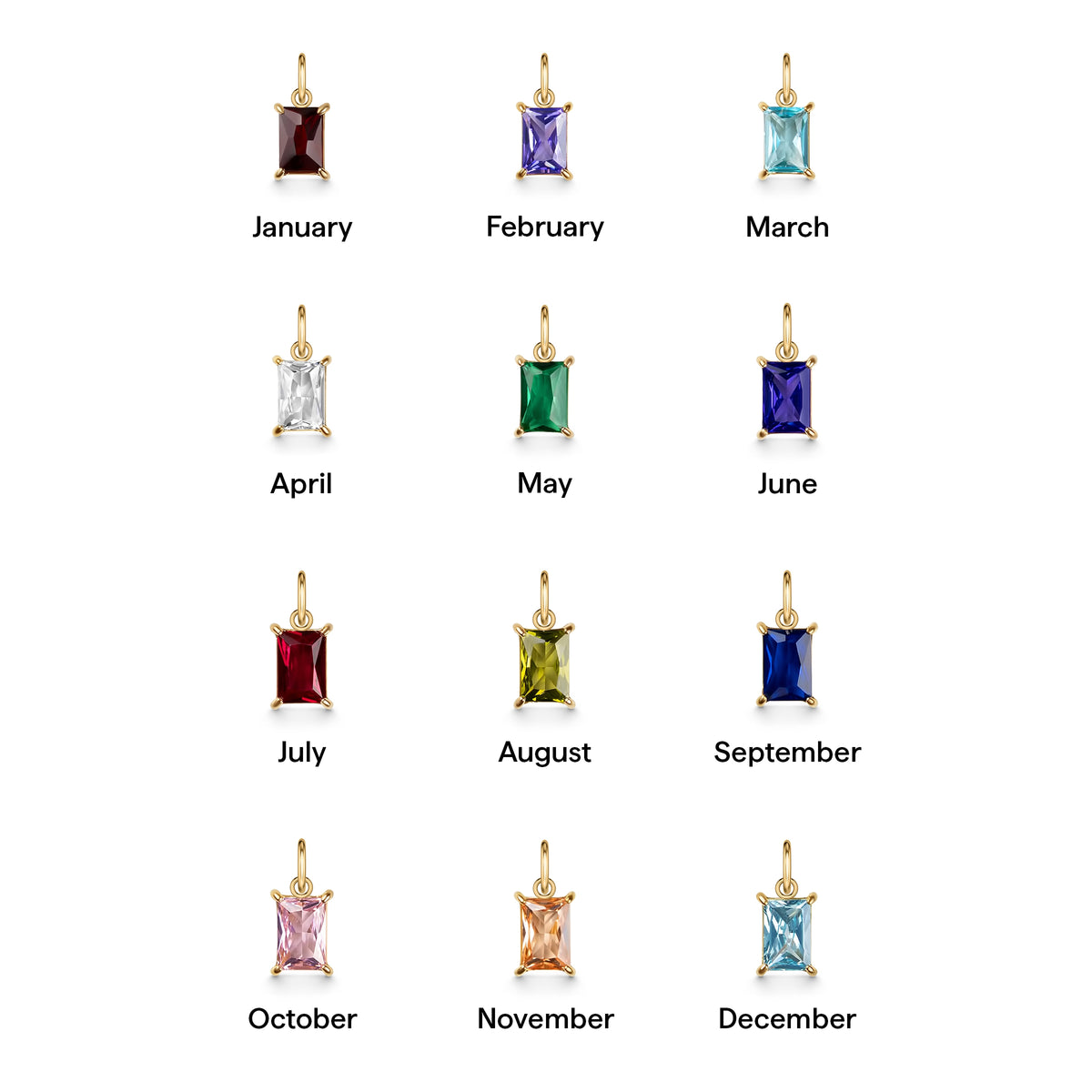all 12 available radiant cut birthstone charms shown in order: January (Garnet), February (Amethyst), March (Aquamarine), April (Diamond), May (Emerald), June (Alexandrite), July (Ruby), August (Peridot), September (Sapphire), October (Pink Tourmaline), November (Citrine), December (Zircon)
