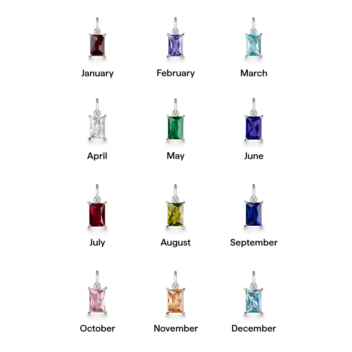 all 12 available radiant cut birthstone charms shown in order: January (Garnet), February (Amethyst), March (Aquamarine), April (Diamond), May (Emerald), June (Alexandrite), July (Ruby), August (Peridot), September (Sapphire), October (Pink Tourmaline), November (Citrine), December (Zircon)