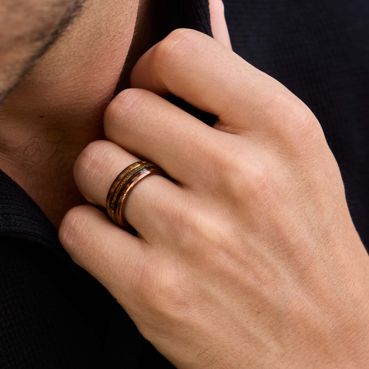 8mm wooden inlay tungsten carbide band on model
