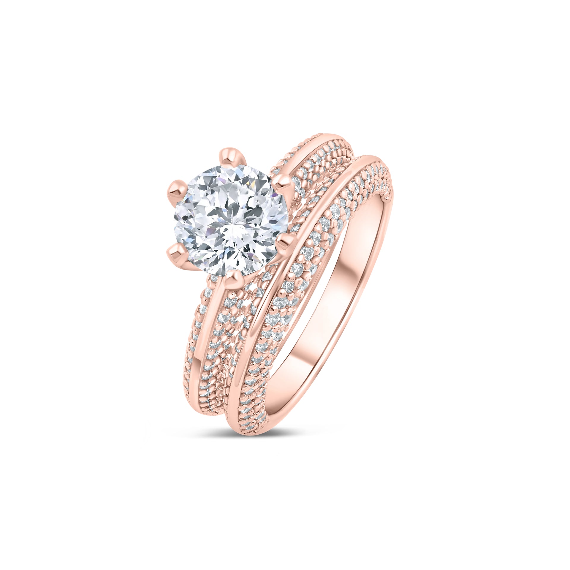 Rose gold round cut wedding ring set