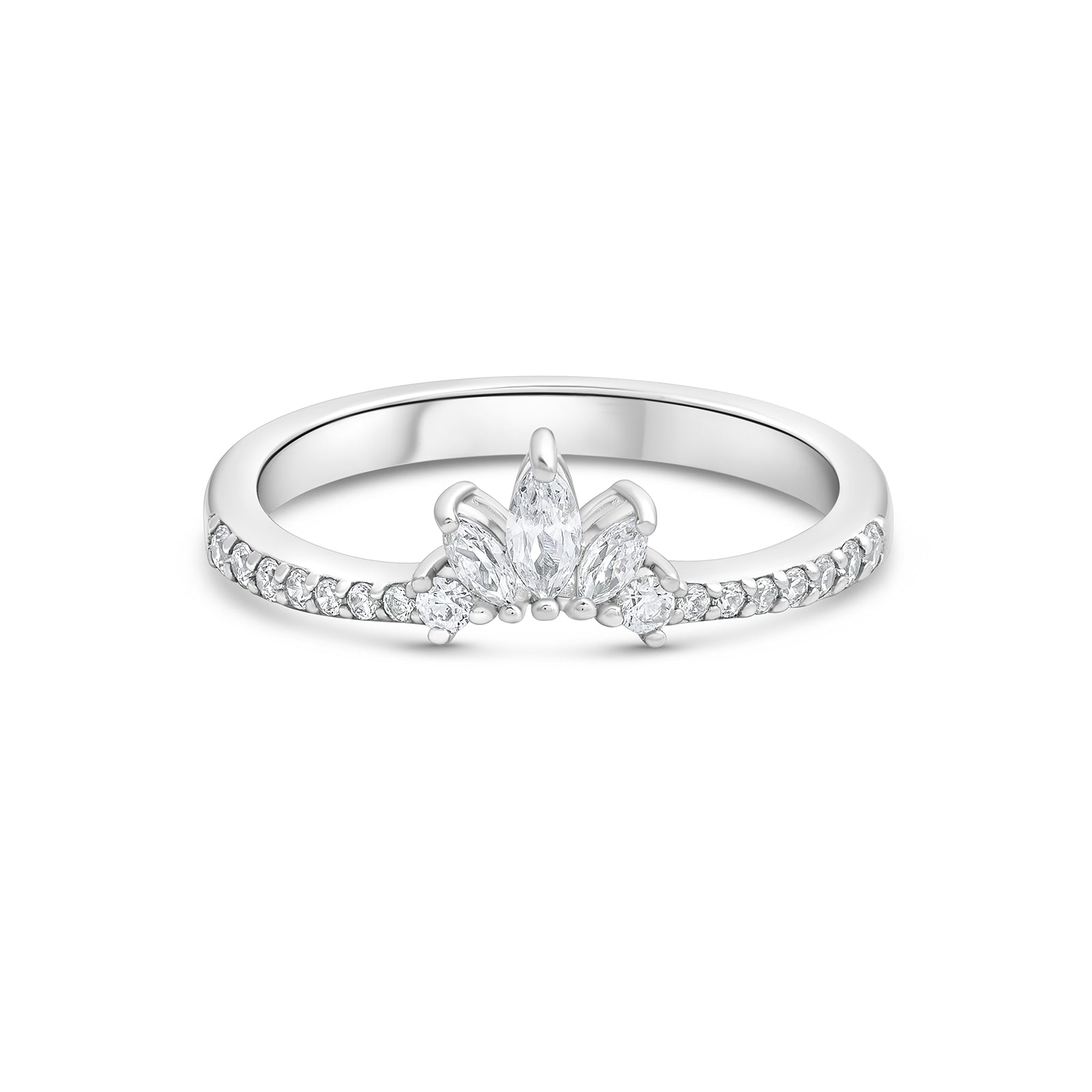 The exquisite v-shaped band features 3 center marquise stones with round stones glistening down the sides shown in silver