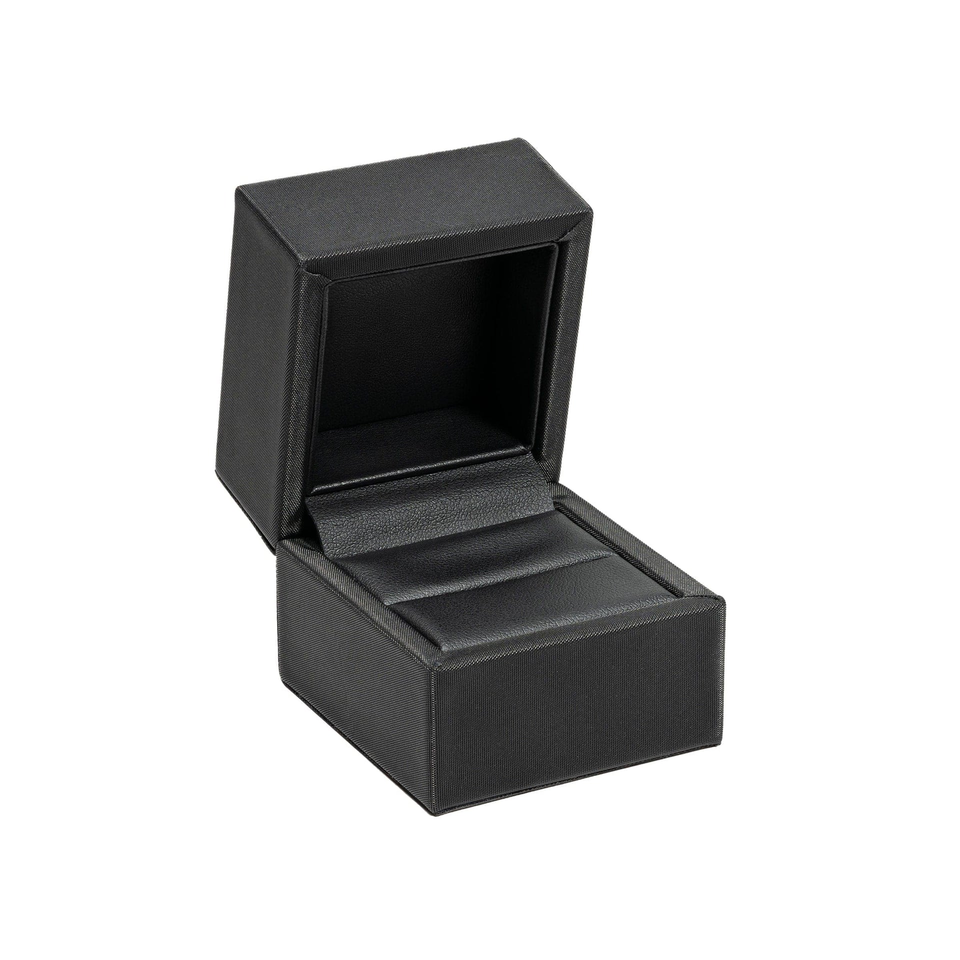 Black faux leather ring box shown in open position on a white background