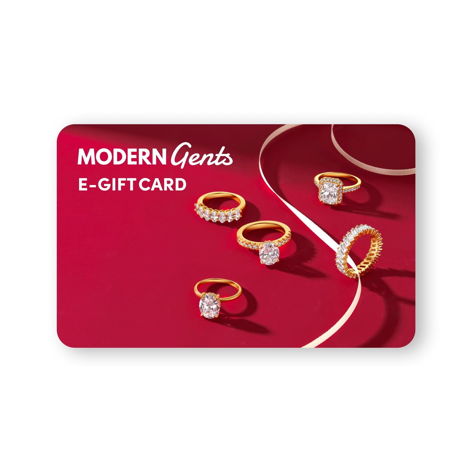 gold wedding rings on red background with white ribbon running through and text that reads "modern gents e-gift card"