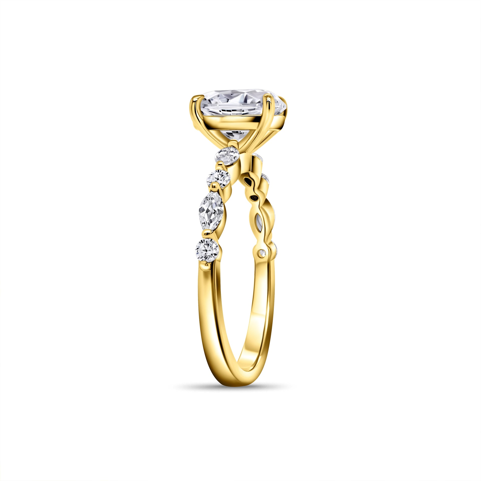 stunning partial open side view of silver oval engagement ring with uniquely designed half eternity band shown in gold