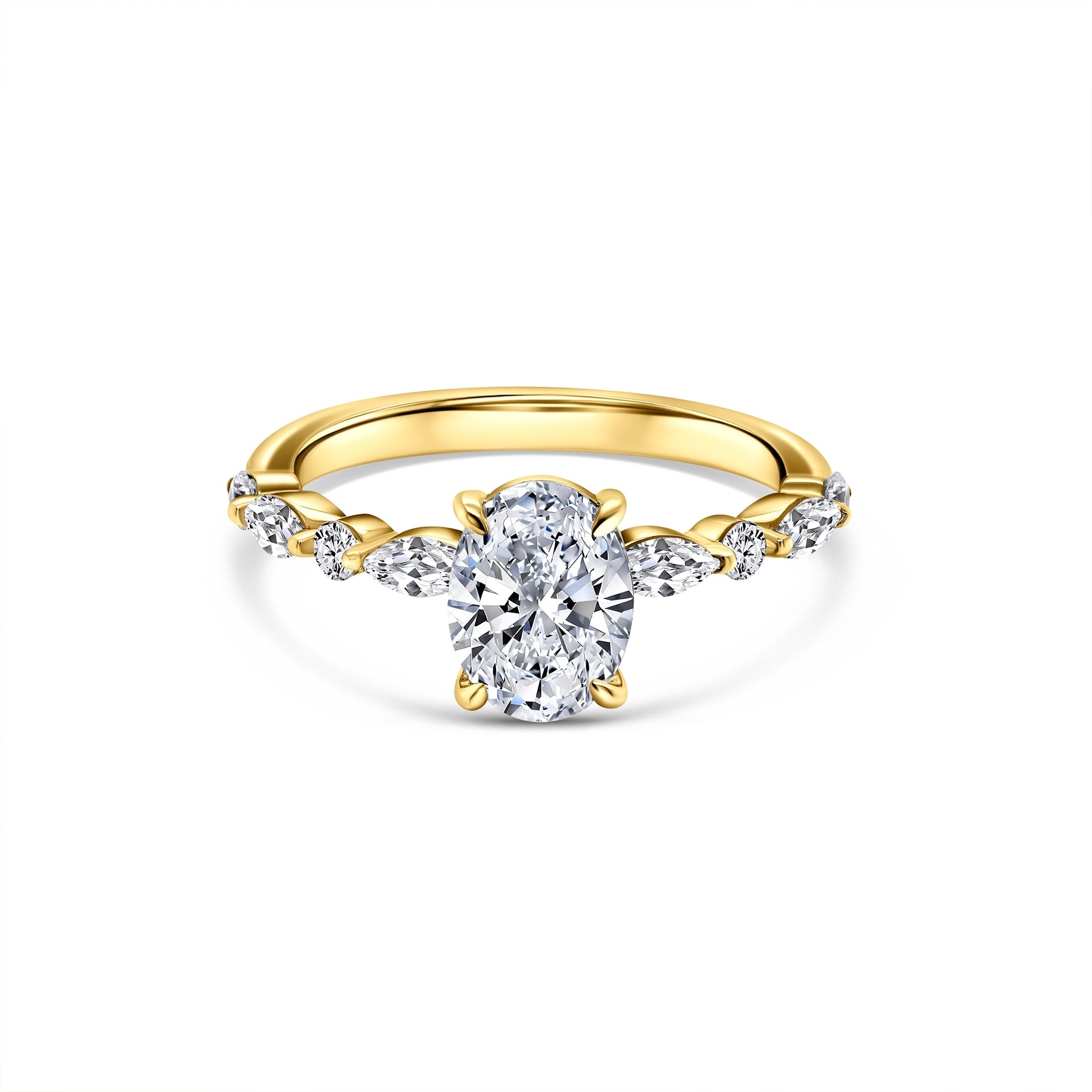 gorgeous 1.5 ct oval engagement ring with vintage half eternity band front facing in gold