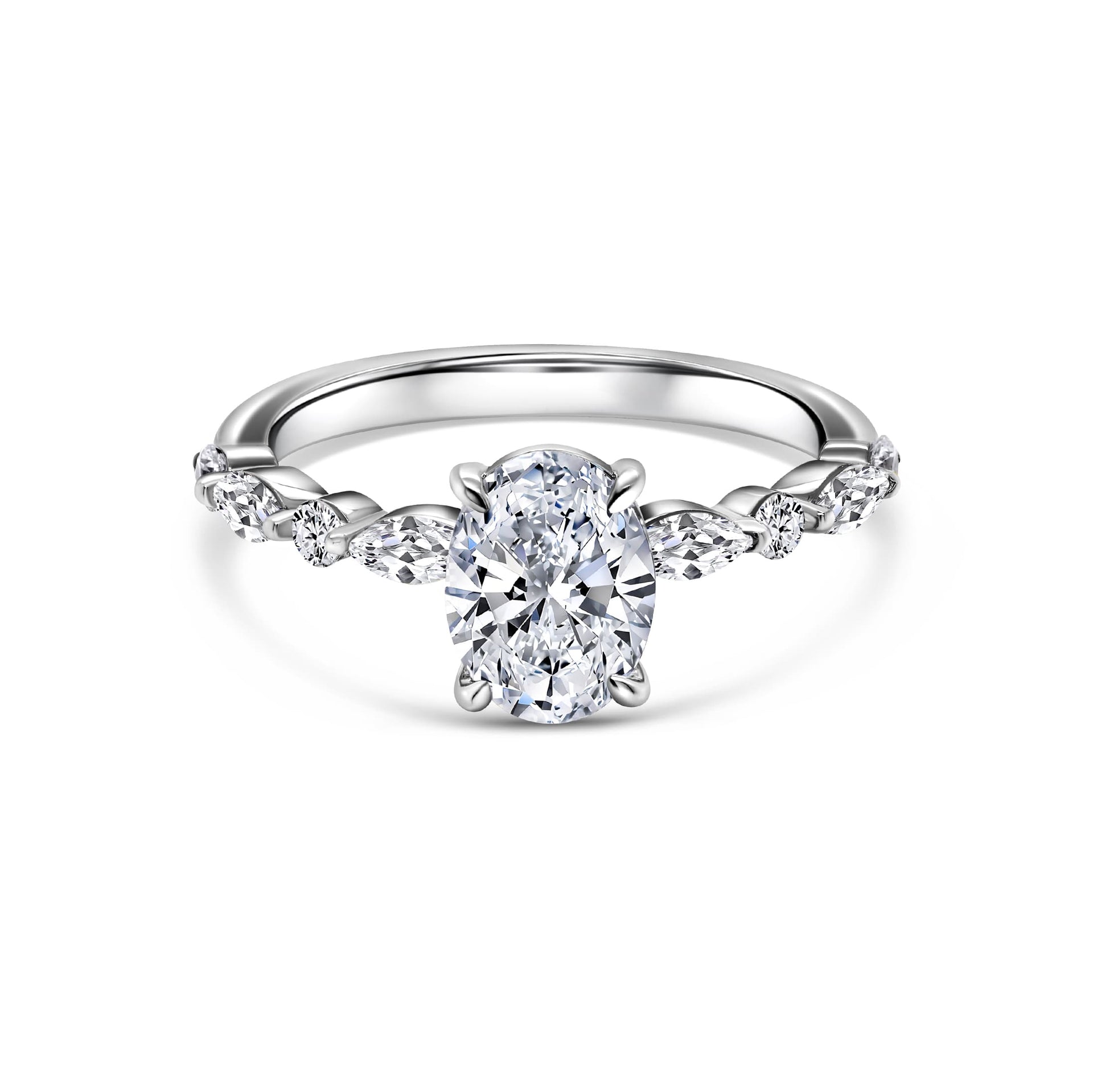 stunning oval cut engagement ring on white background