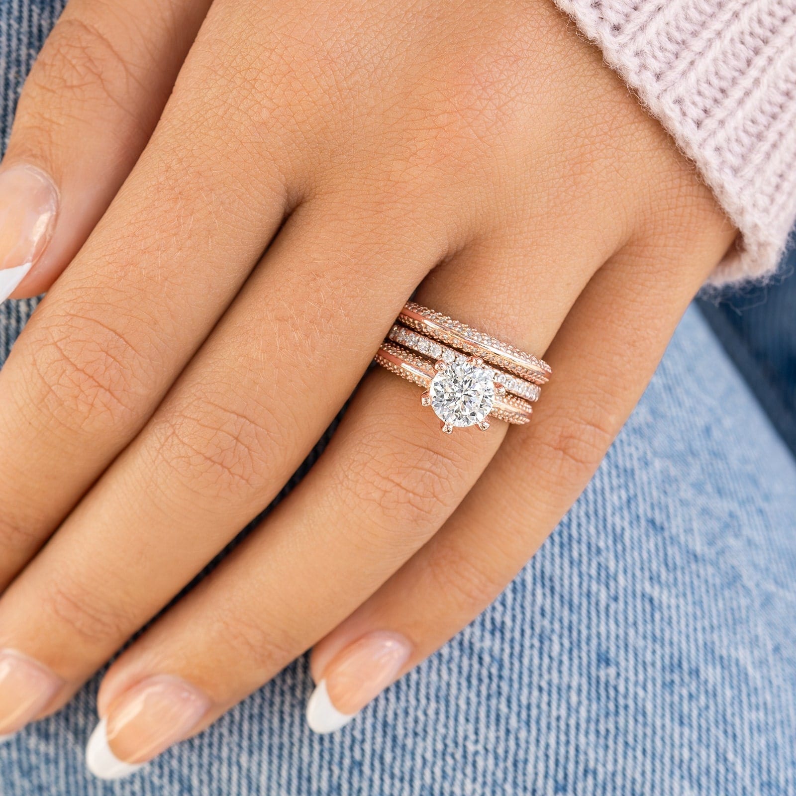 Unique 2 carat rose gold triple wedding ring stack