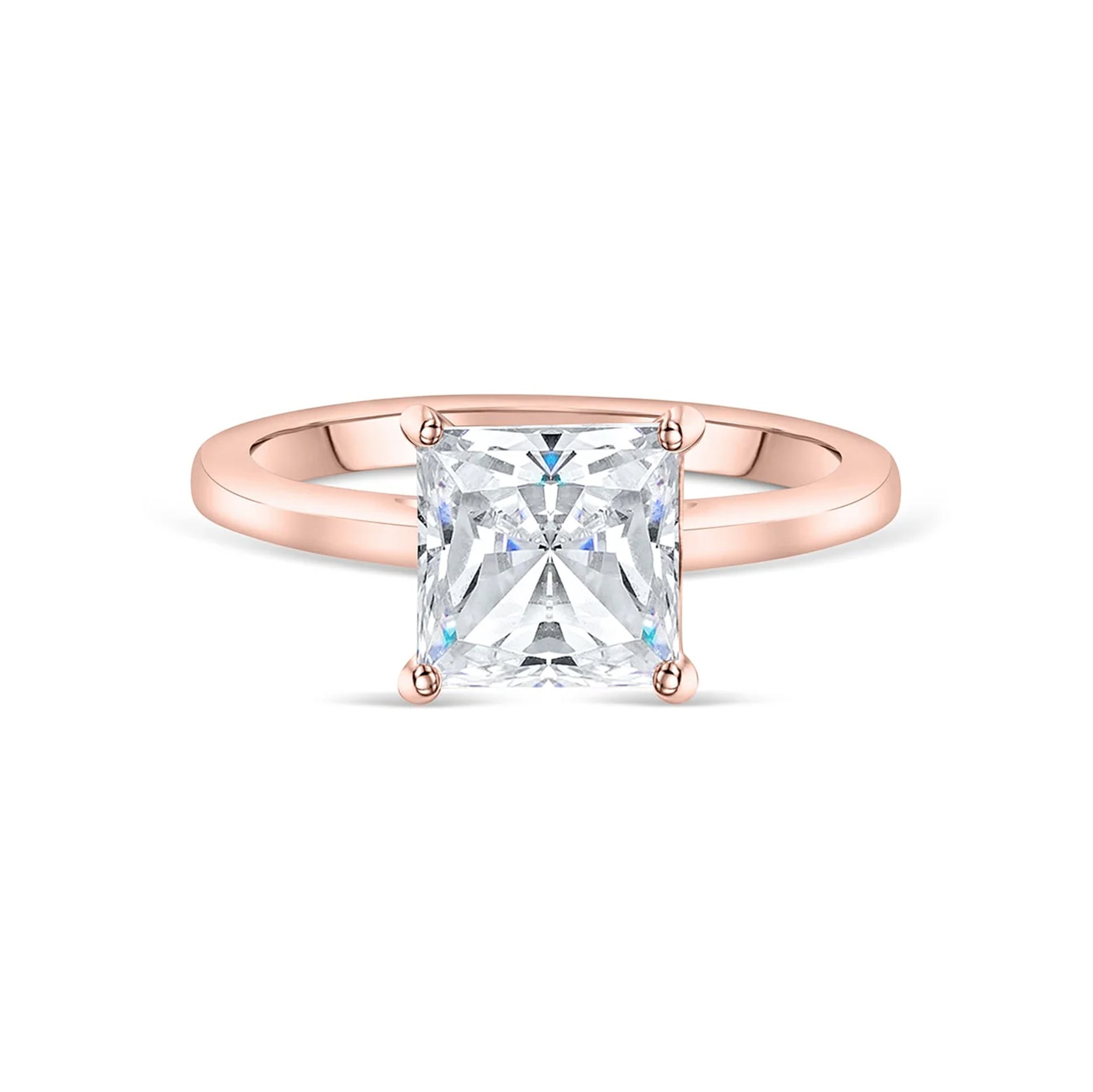 stunning rose gold princess cut engagement ring on white background