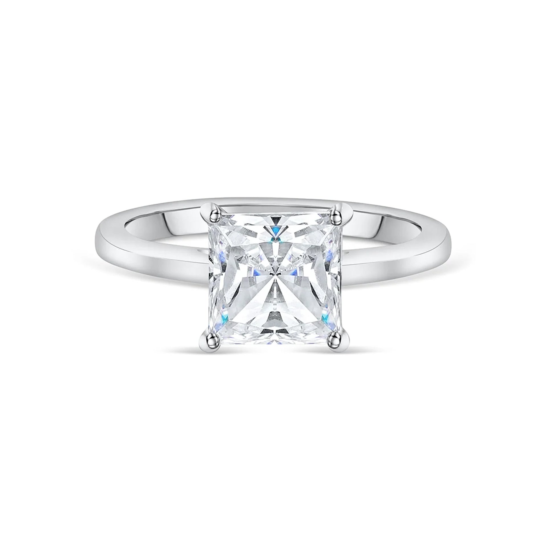 stunning silver princess cut engagement ring on white background