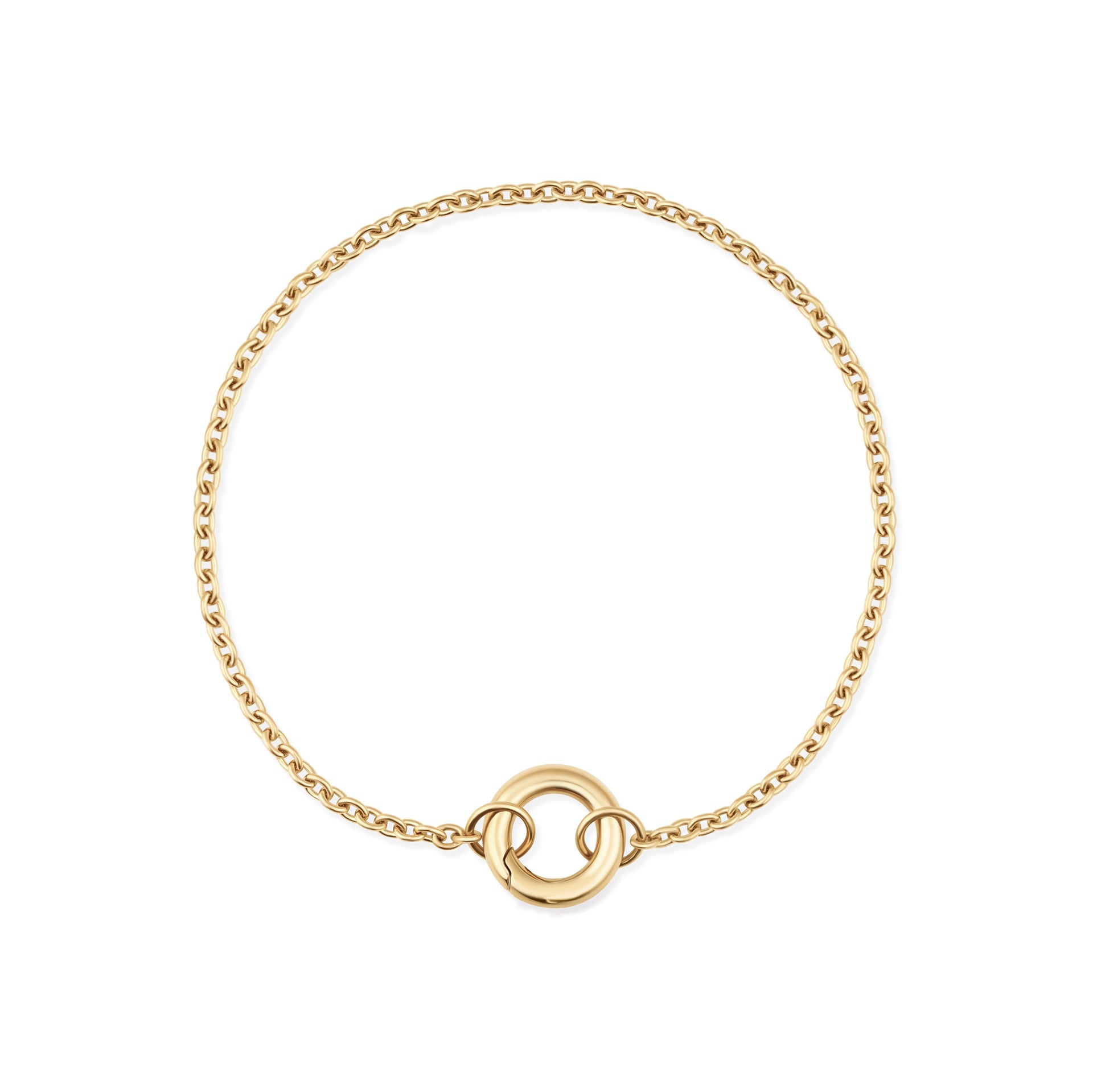 gold chain charm bracelet with clasp on white background