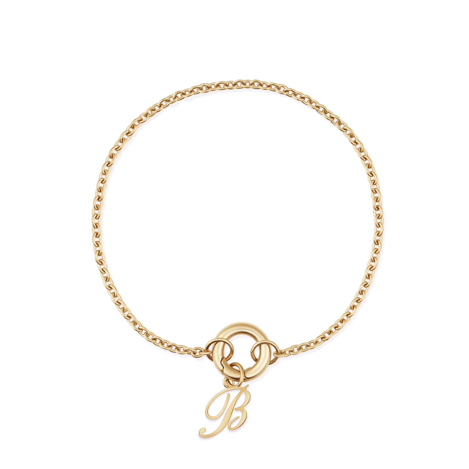 a stunning gold stainless steel charm bracelet with the initial "B" charm on it on a white background