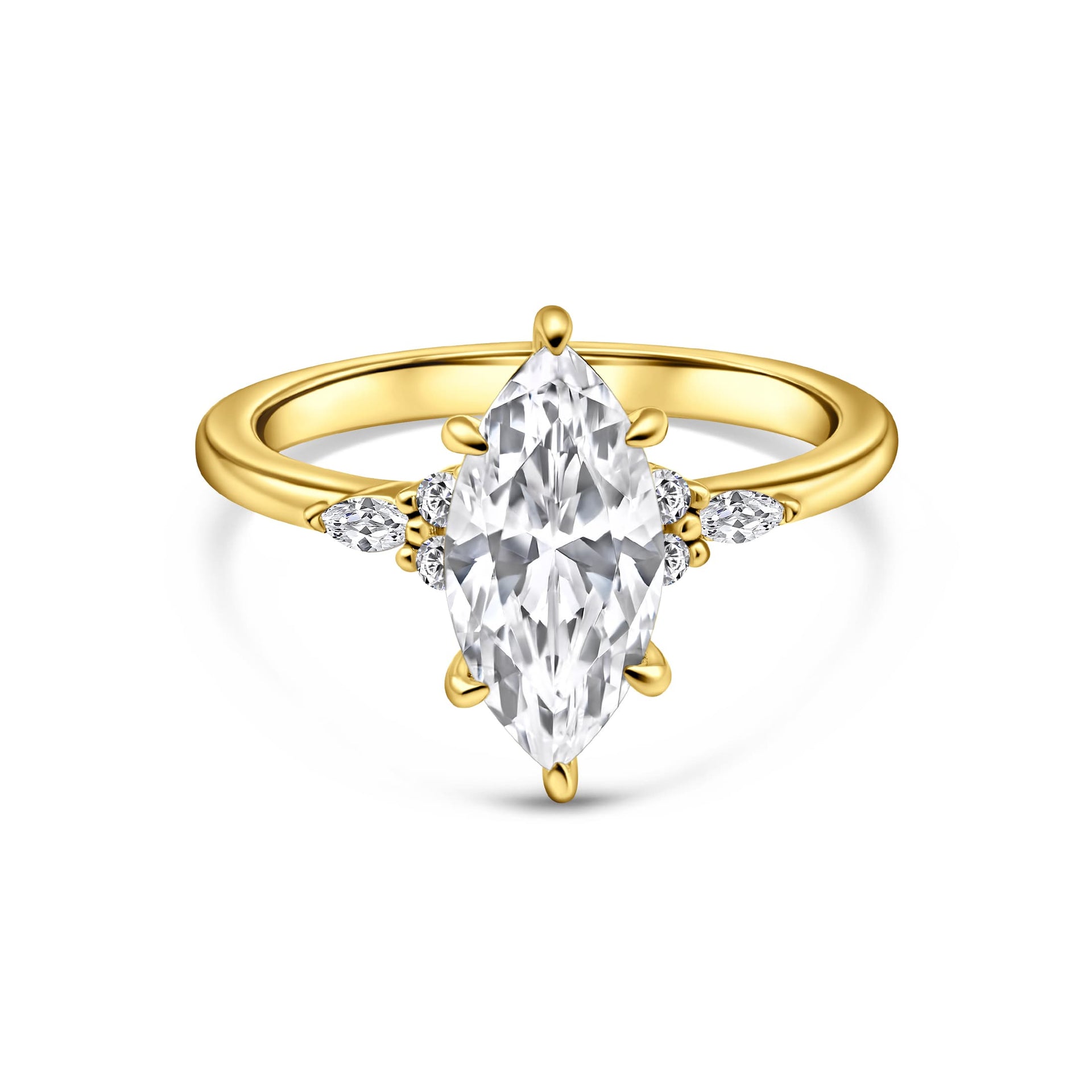 stunning gold marquise engagement ring on white background