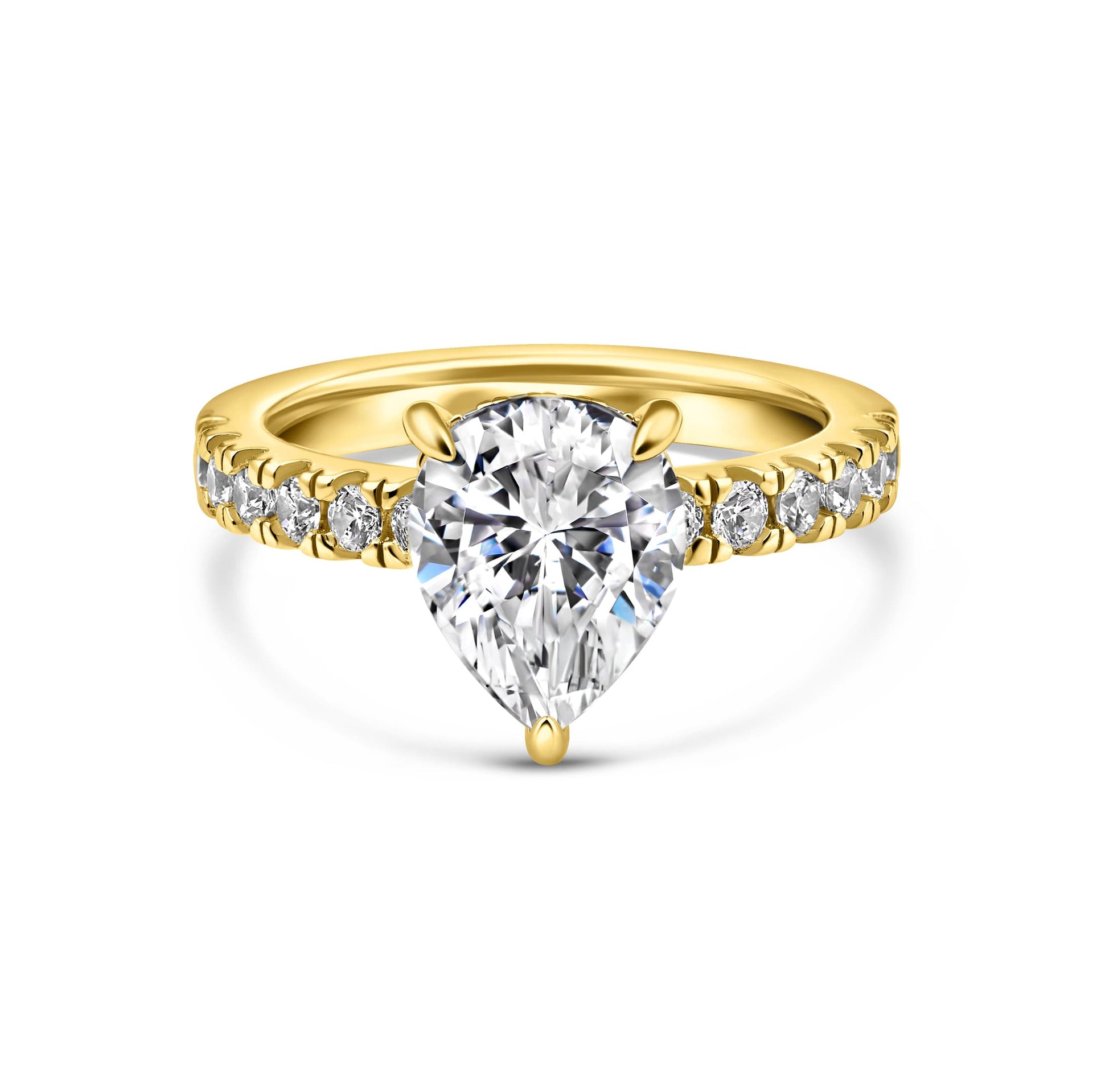 stunning gold pear cut engagement ring on white background