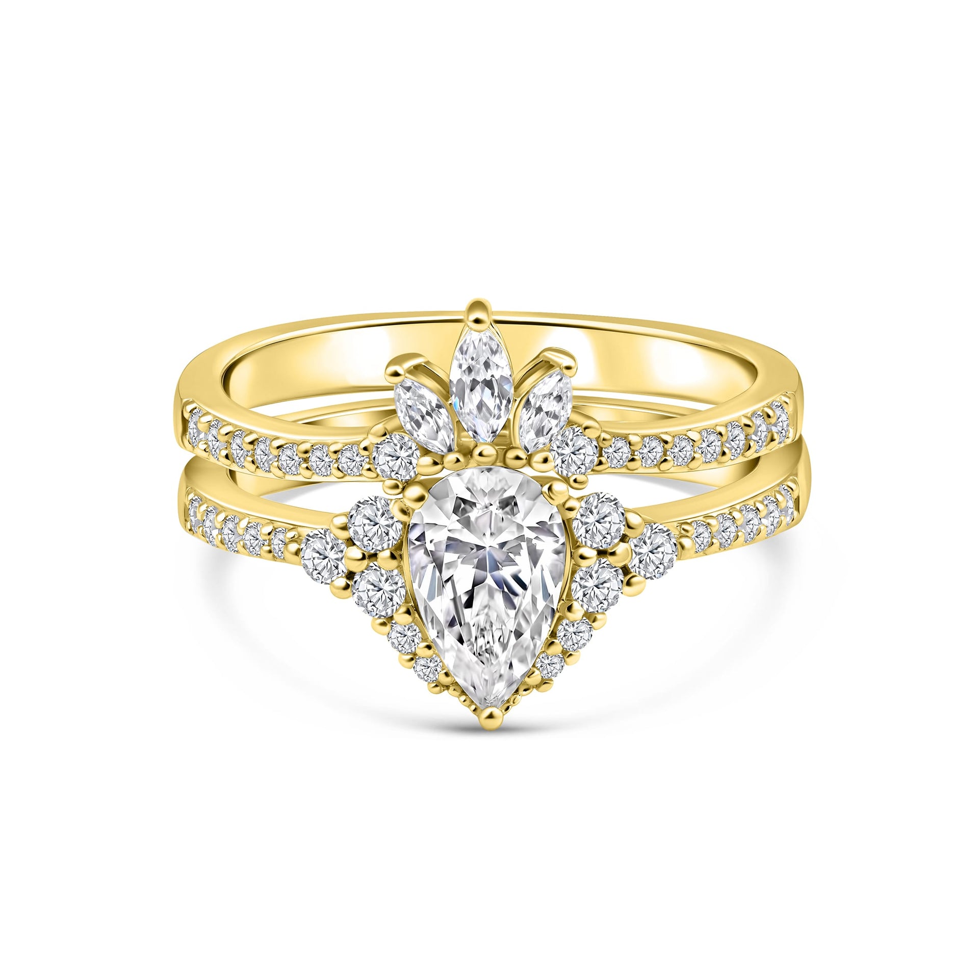 gold vintage 1 carat pear cut wedding ring set on white background