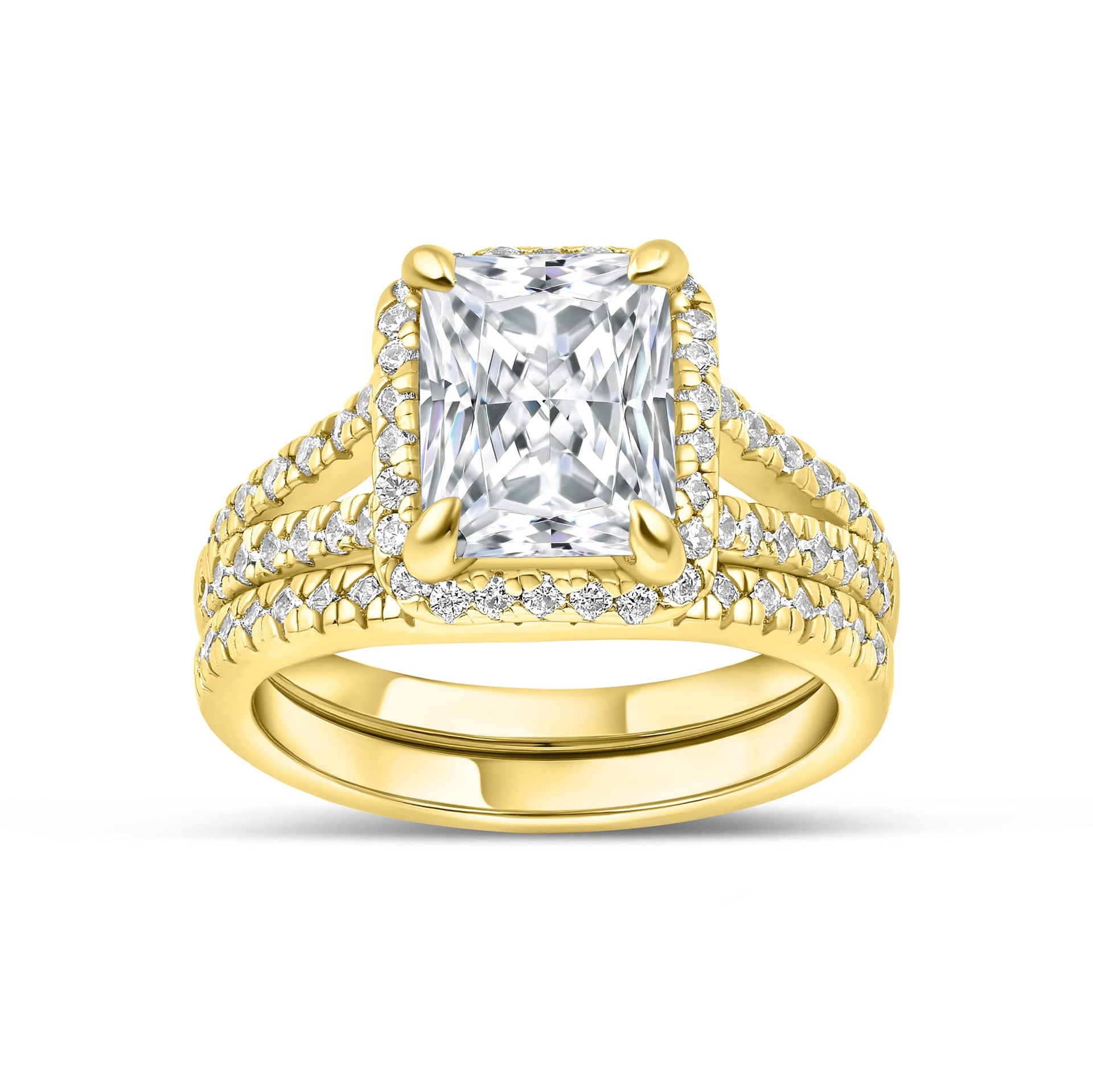 stunning gold wedding ring set on white background