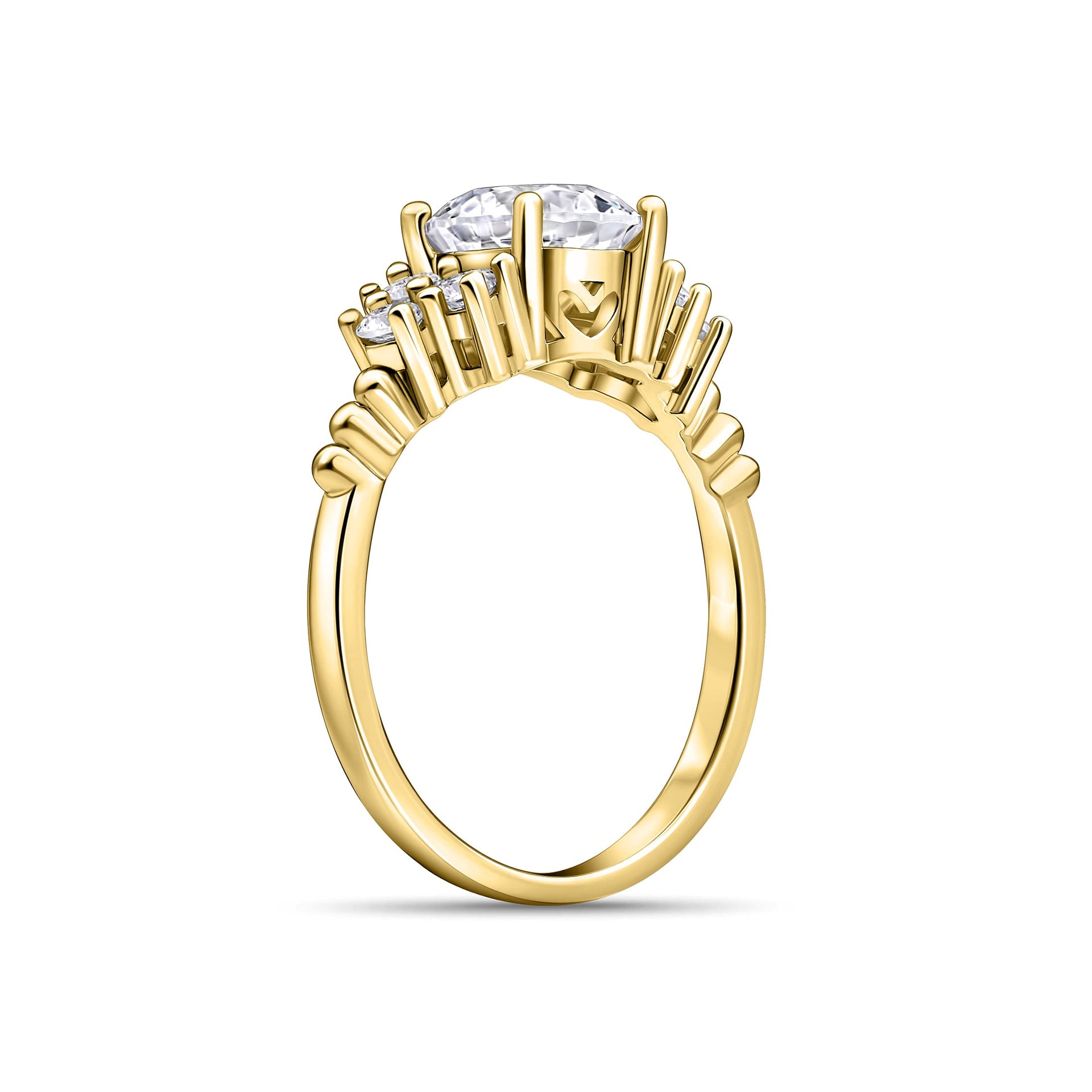 gold 1.75 carat round cut engagement ring with dainty heart detailing on white background