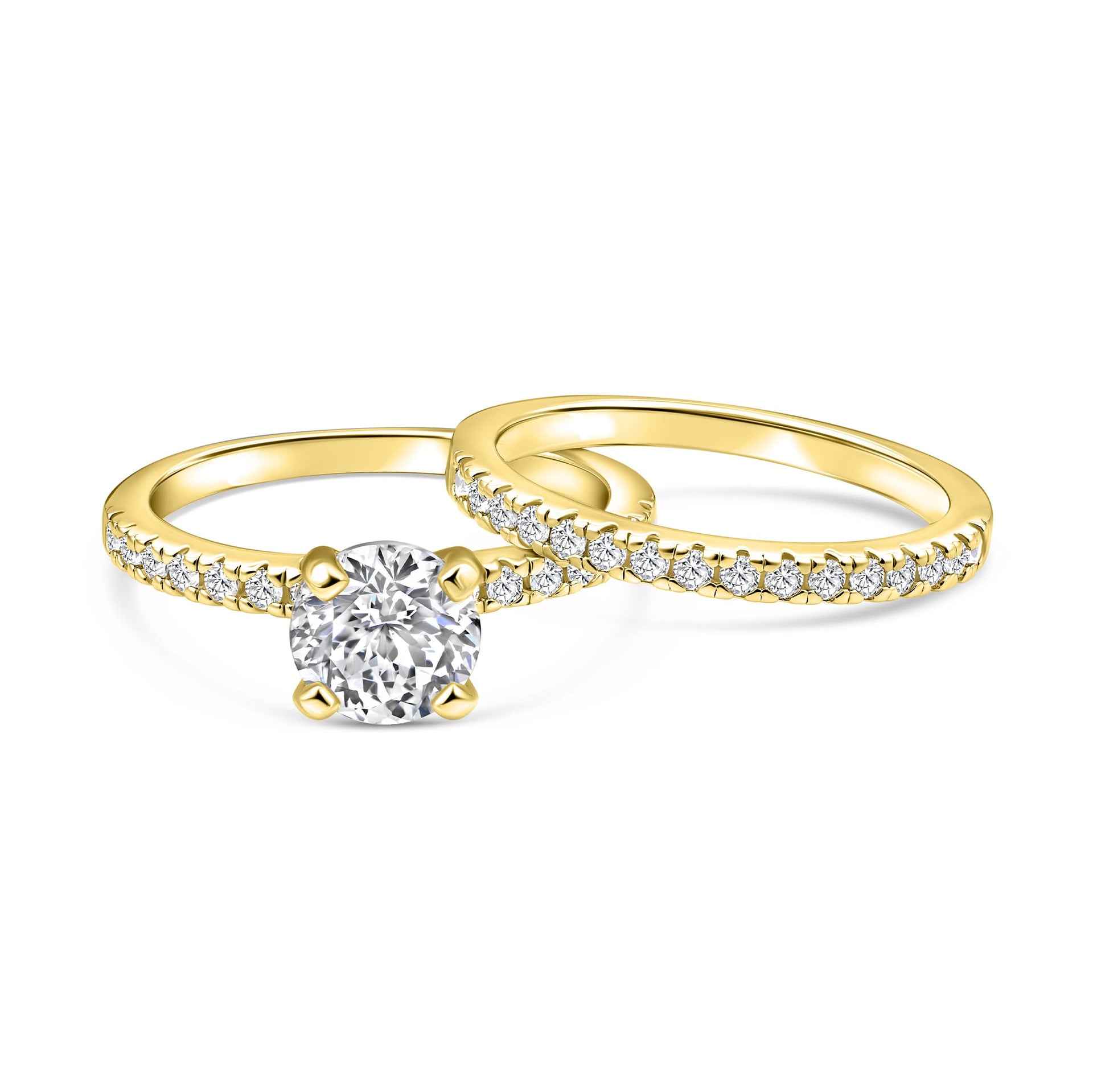 gold 1.75 carat round cut half eternity wedding ring set on white background