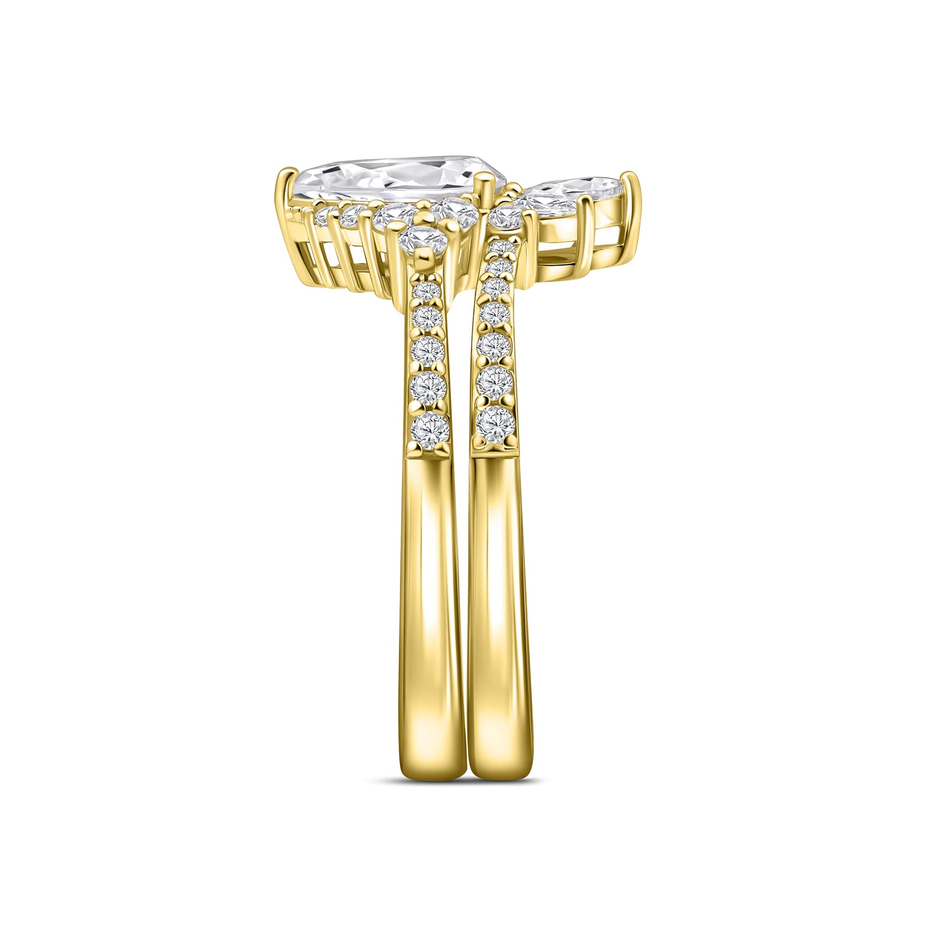 side view of gold vintage 1 carat pear cut wedding ring set on white background