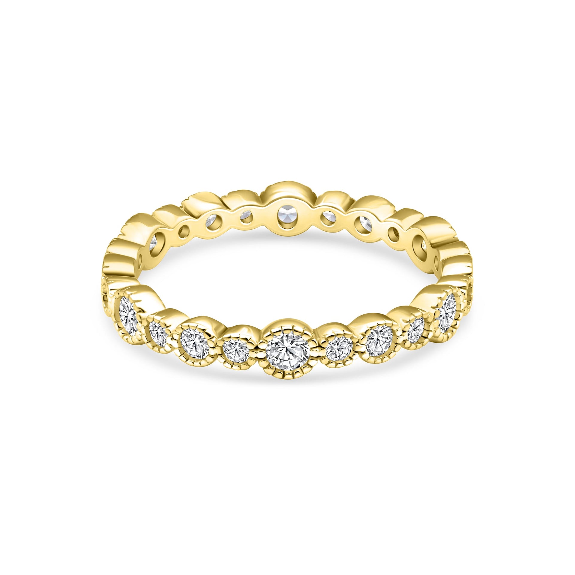 gold eternity wedding band with multi-sized round stones