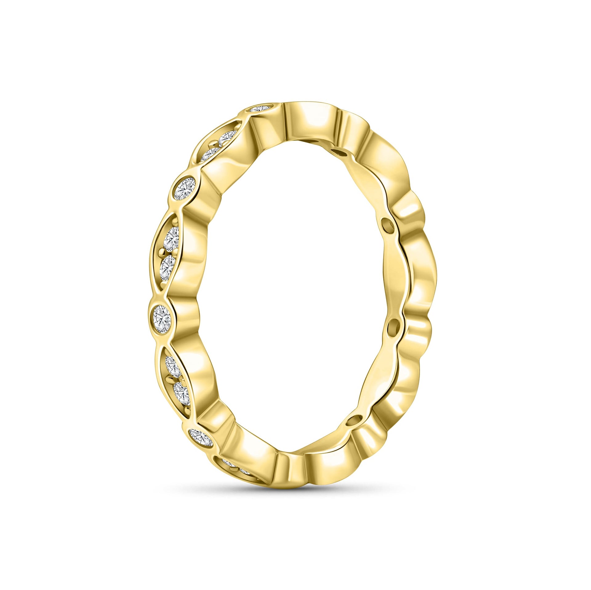 gold vintage eternity wedding band shown on white background