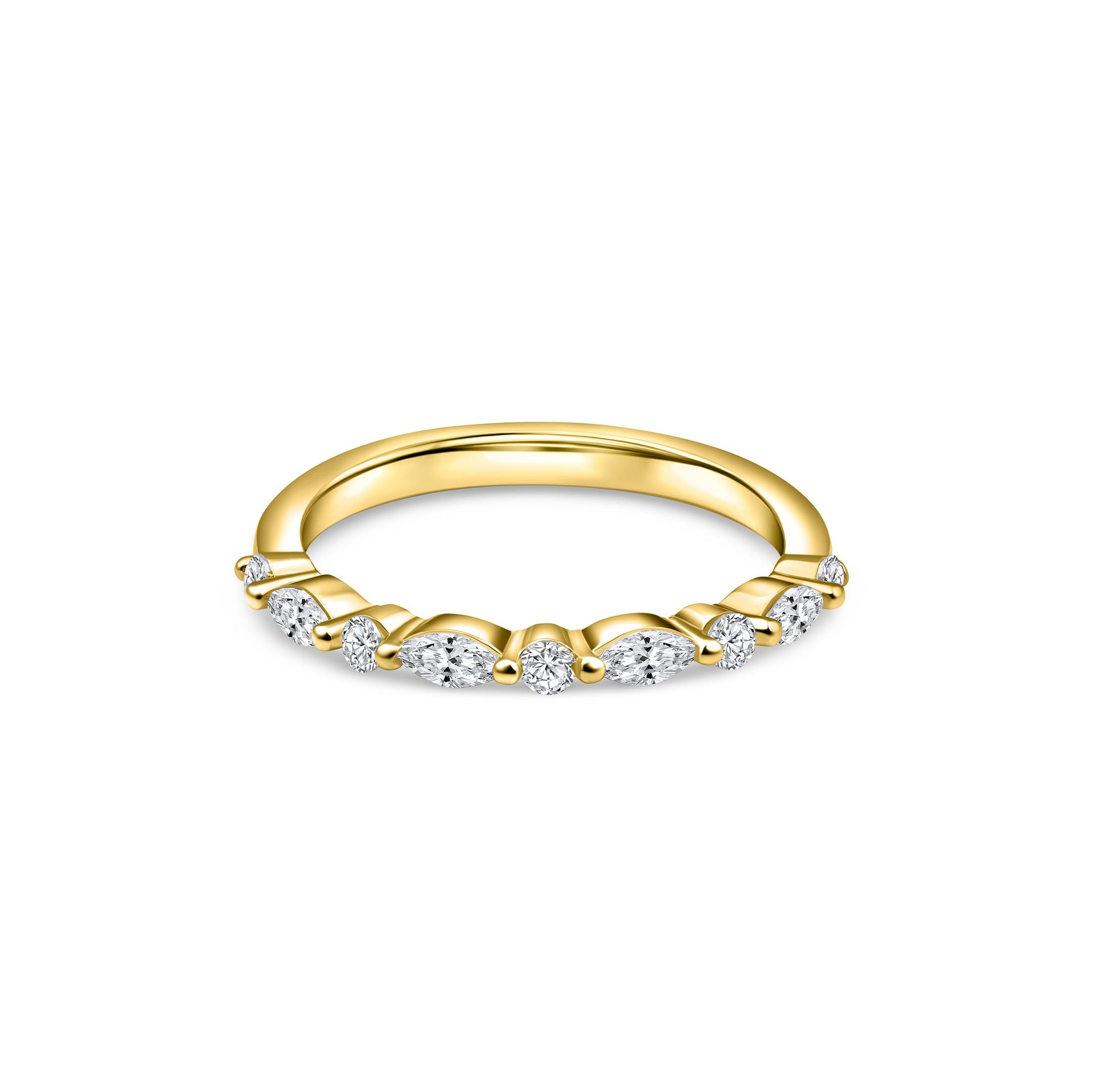 gold pave wedding band with round and marquise stones on white background