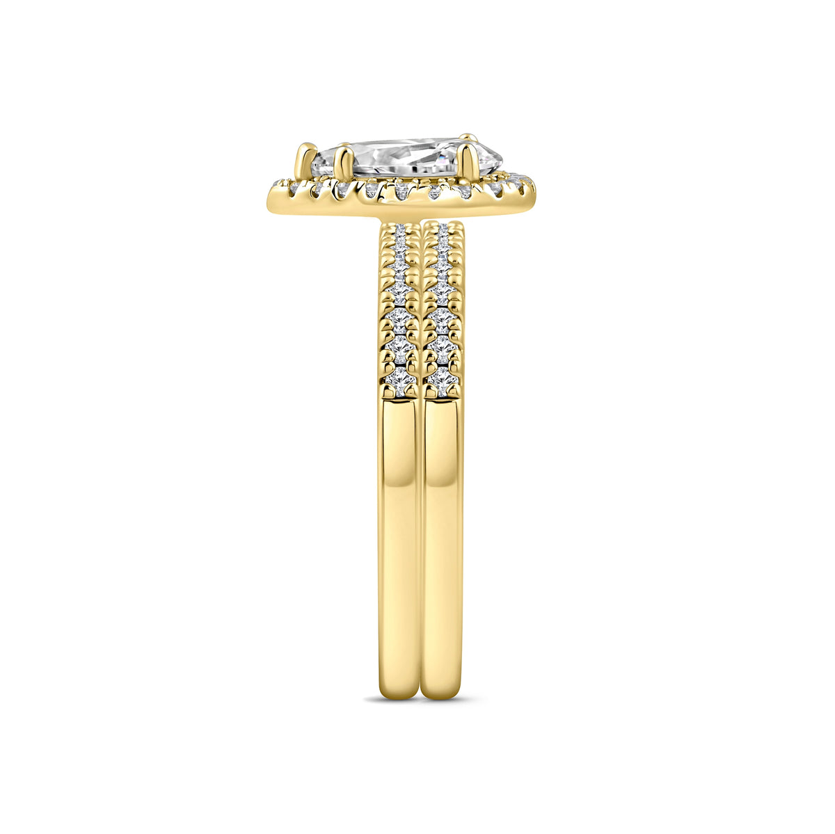 gold 2 carat pear cut halo wedding ring set on white background