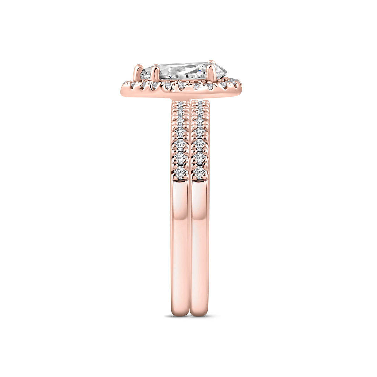 rose gold 2 carat pear cut halo wedding ring set on white background