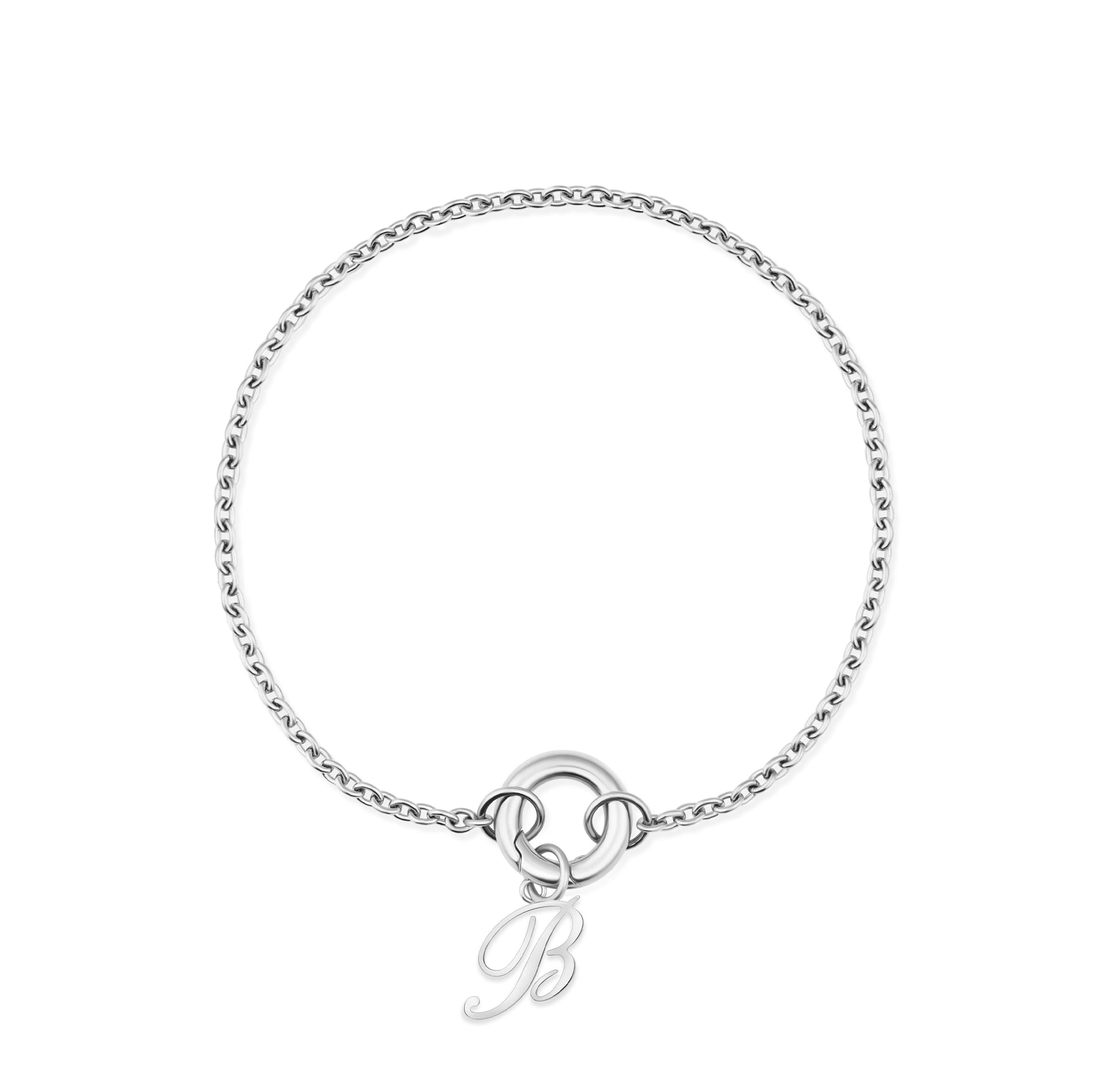 a stainless steel charm bracelet with a "B" initial charm attached on a white background