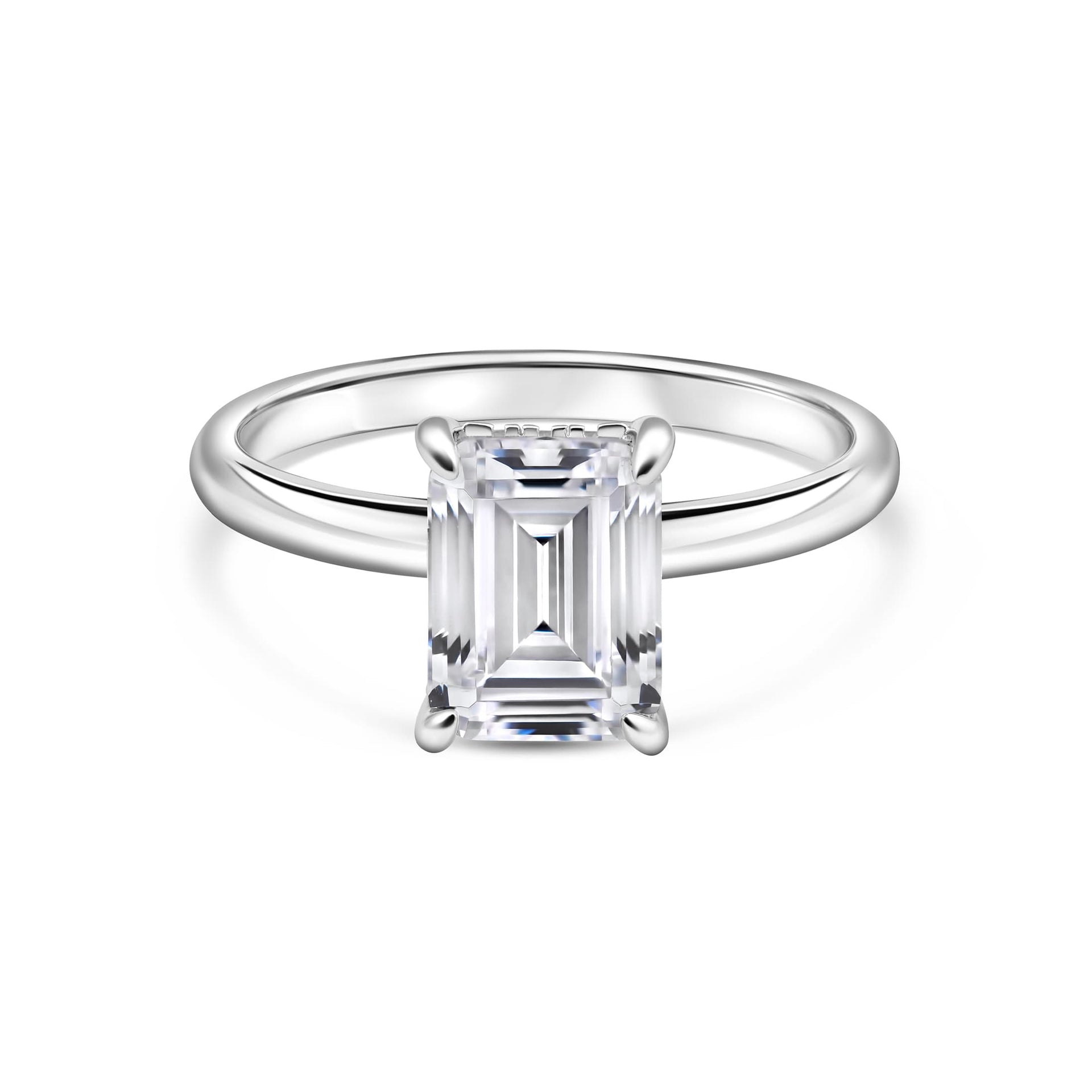 stunning silver emerald cut engagement ring on white background