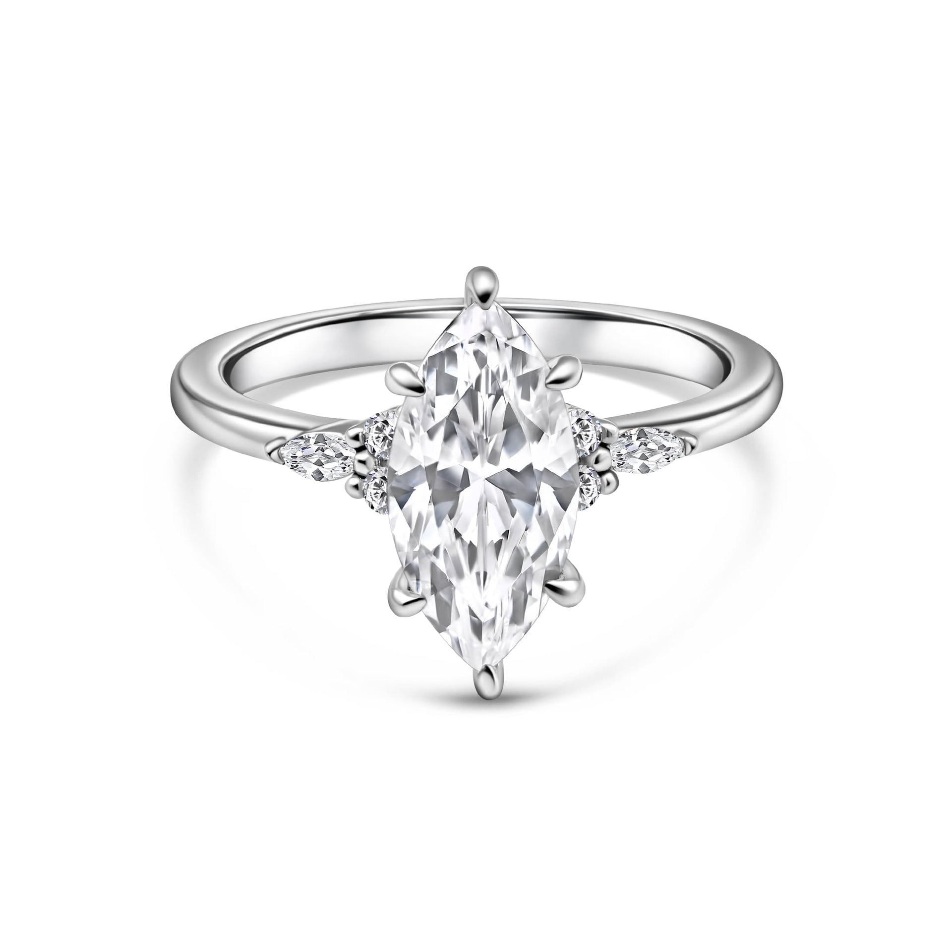 stunning silver marquise engagement ring on white background