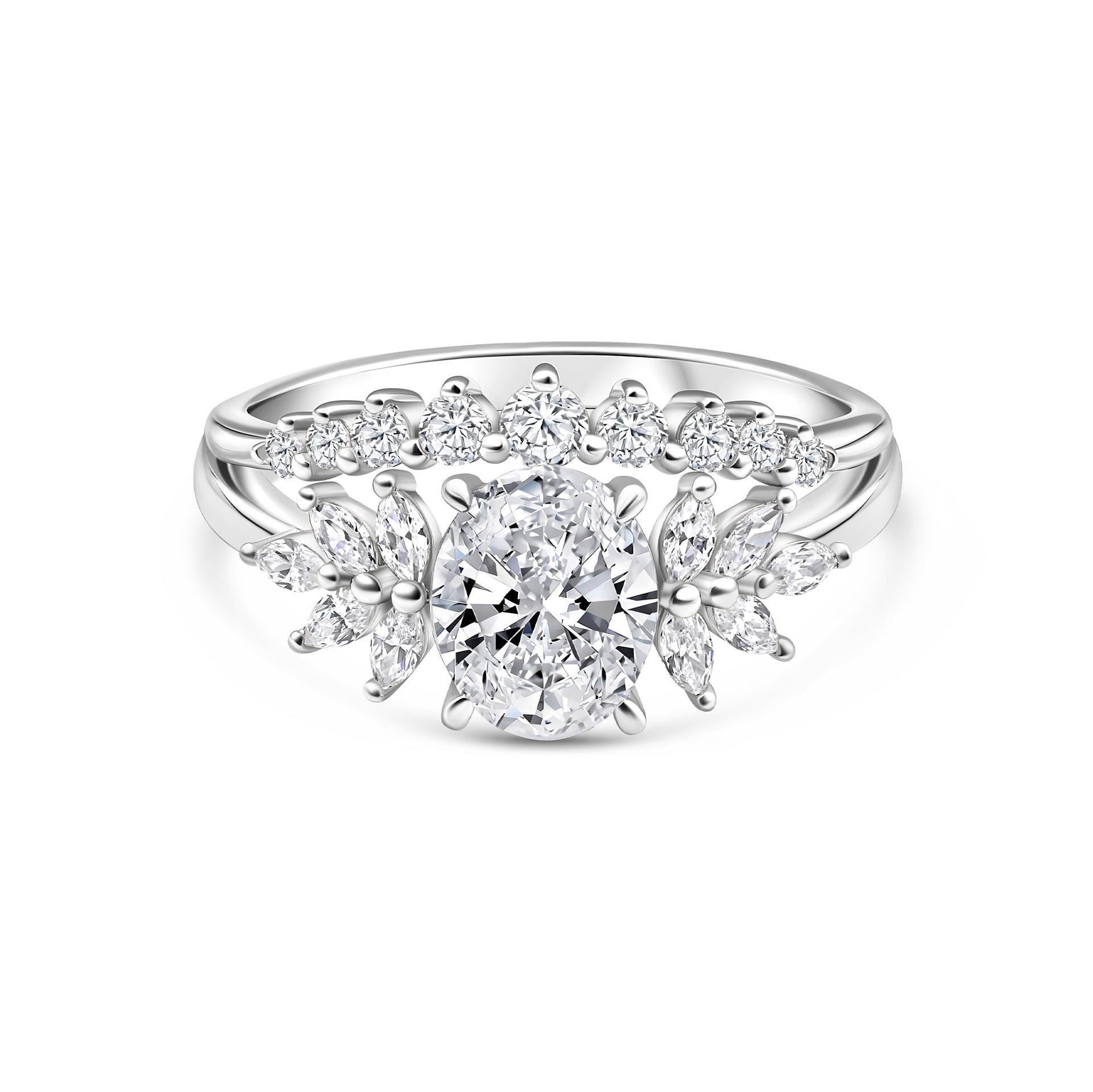 silver round cut vintage style engagement ring on white background