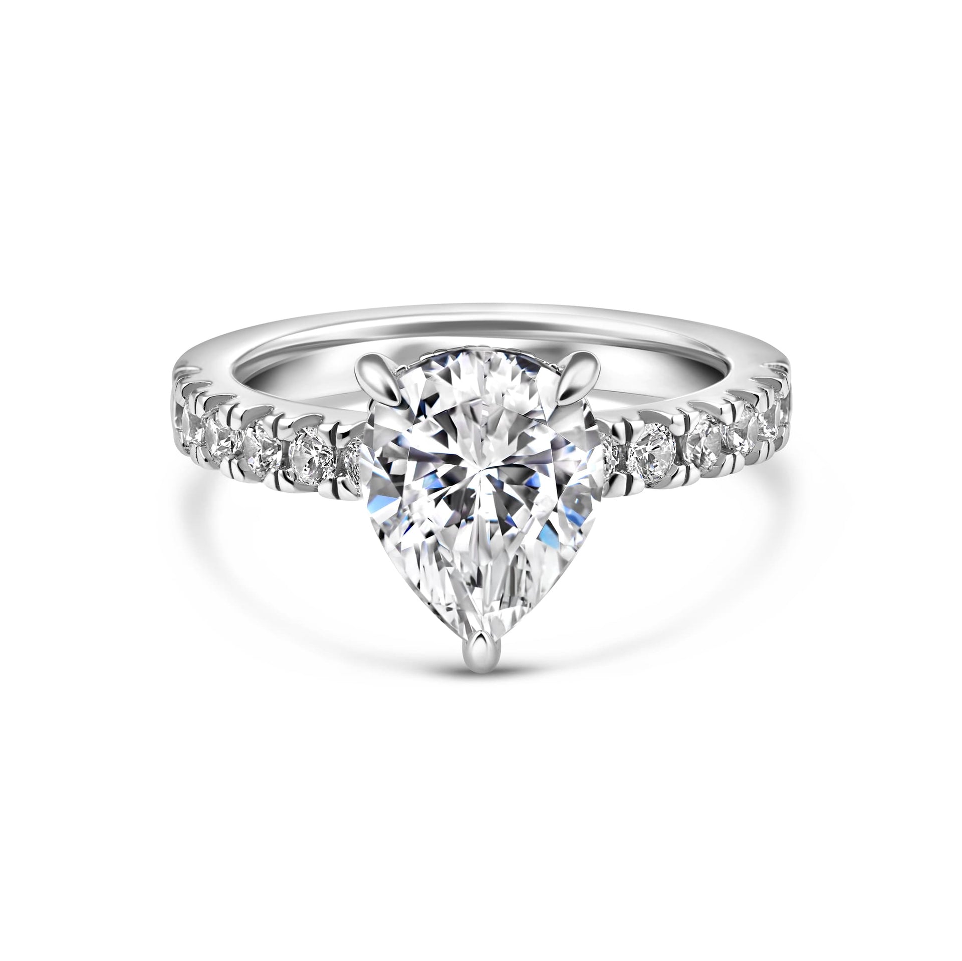 stunning silver pear cut engagement ring on white background