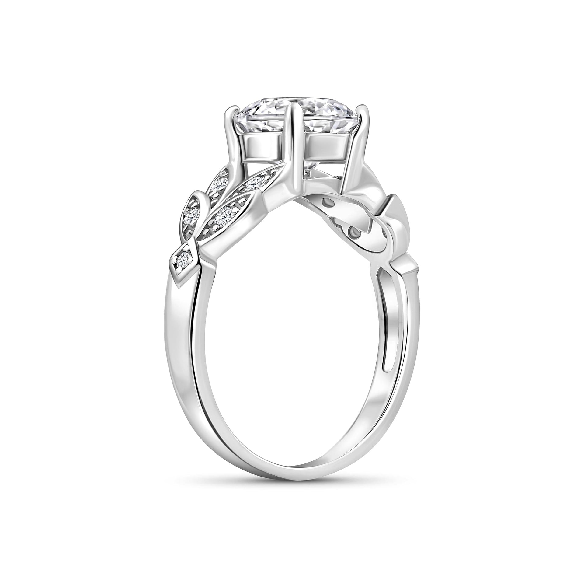 side angle of silver wedding ring shown on white background