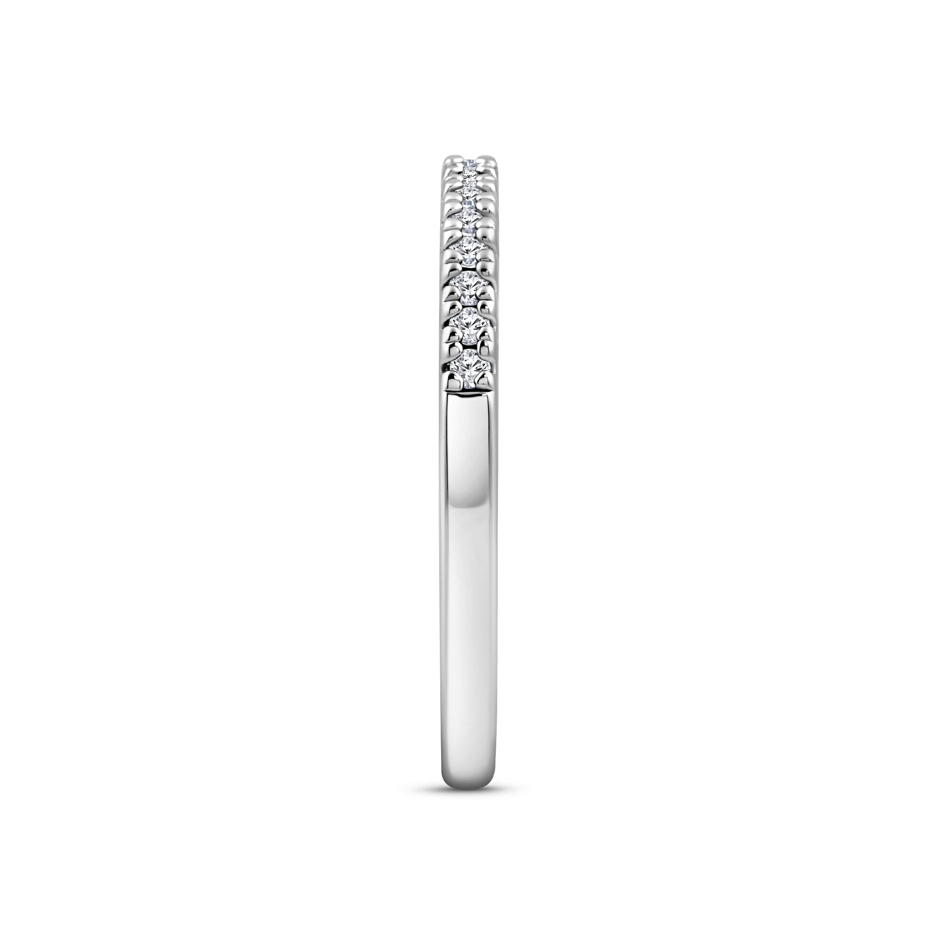 silver half eternity wedding band on a white background