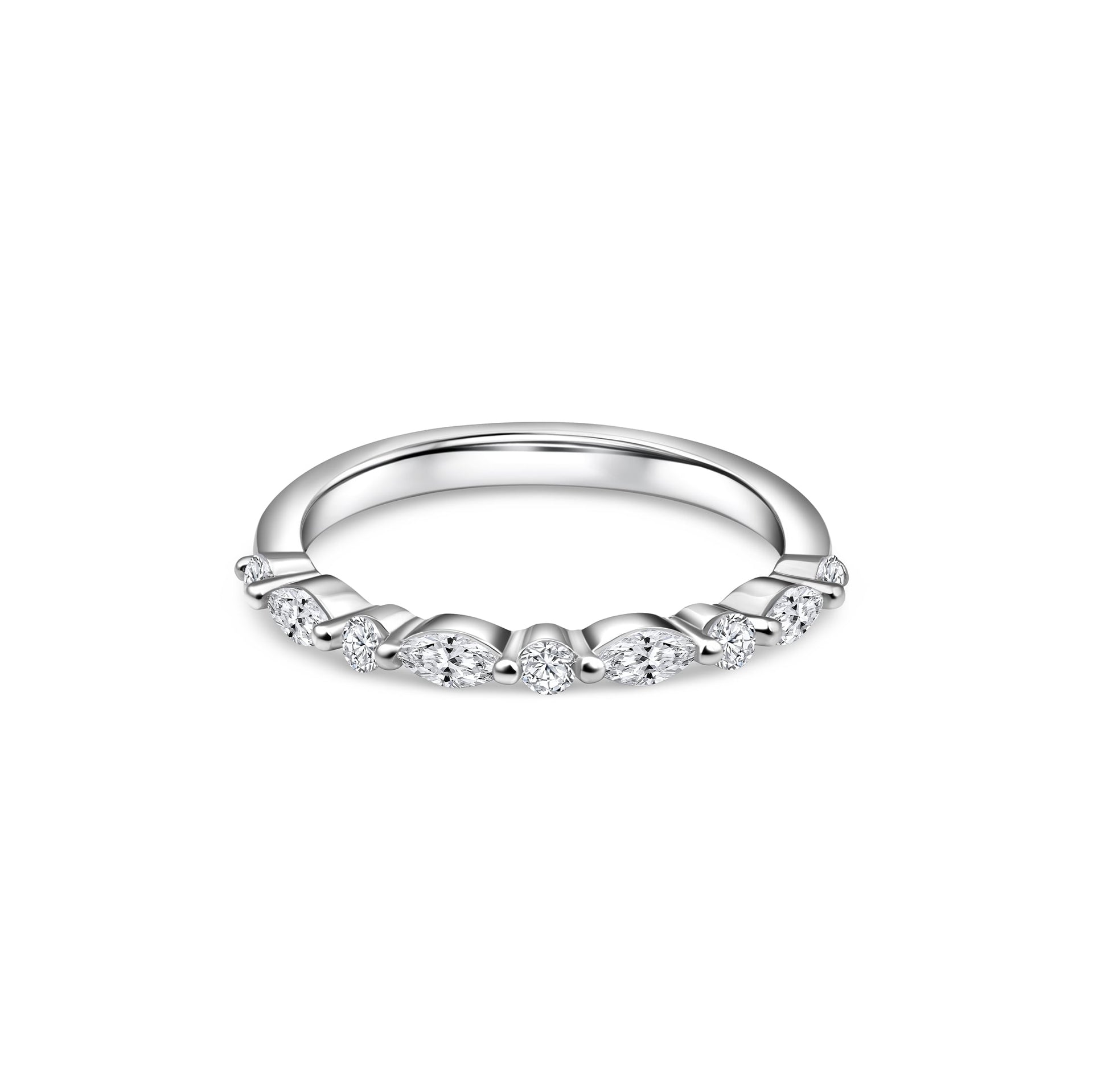 silver wedding band with oval and round stones on white background